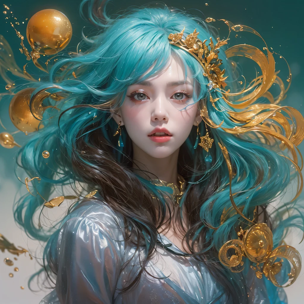 Yellow blue colors,enamel,agate,A flesh-colored world,Blood Blue Maiden 32k(masterpiece,HD,Aoyama Pond,超HD,32k)long flowing bright blue hair,blood pool,Ziddink, a color,grumpy (After greeting), (Linen scarf), fighting stance, looking at the ground, long white hair, Floating bright blue, Fire cloud gold headdress, Chinese long-sleeved gold silk burgundy garment, (Abstract metaverse splash:1.2), White background,Peony flower vitality protector(realistically:1.4),bright purple hair,Smoke on the road,The background is very pure, high resolution, detail, RAW photos, Sharp Re, Nikon D850 film photo by Jefferies Lee 4 Kodak Portra 400 camera F1.6 guns, colorful, Ultra-realistic and vivid textures, dramatic lighting, Unreal Engine Art Station Trend, Sinest 800,一个有着long flowing bright blue hair的女孩,huge colorful bubbles