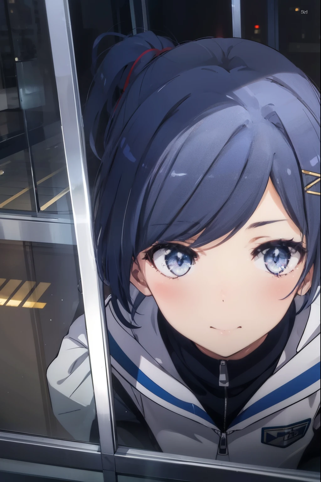 komachihikigaya, komachi hikigaya, short hair, ponytail black hair, hair ornaments, Ahoge, hair clip, x hair ornaments, (purple eyes:1.1),smile,blush, tooth, smile, open your mouth,stadium jacket,sweater,short denim,white pantyhose,red high cut sneakers,winter,whole body,Breaking the outdoors looking down from above, ,In town,Destroy the building area (masterpiece:1.2), highest quality, High resolution, unity 8k wallpaper, (figure:0.8), (beautiful and fine eyes:1.6), highly detailed face, perfect lighting, Very detailed CG, (perfect hands, perfect anatomy),