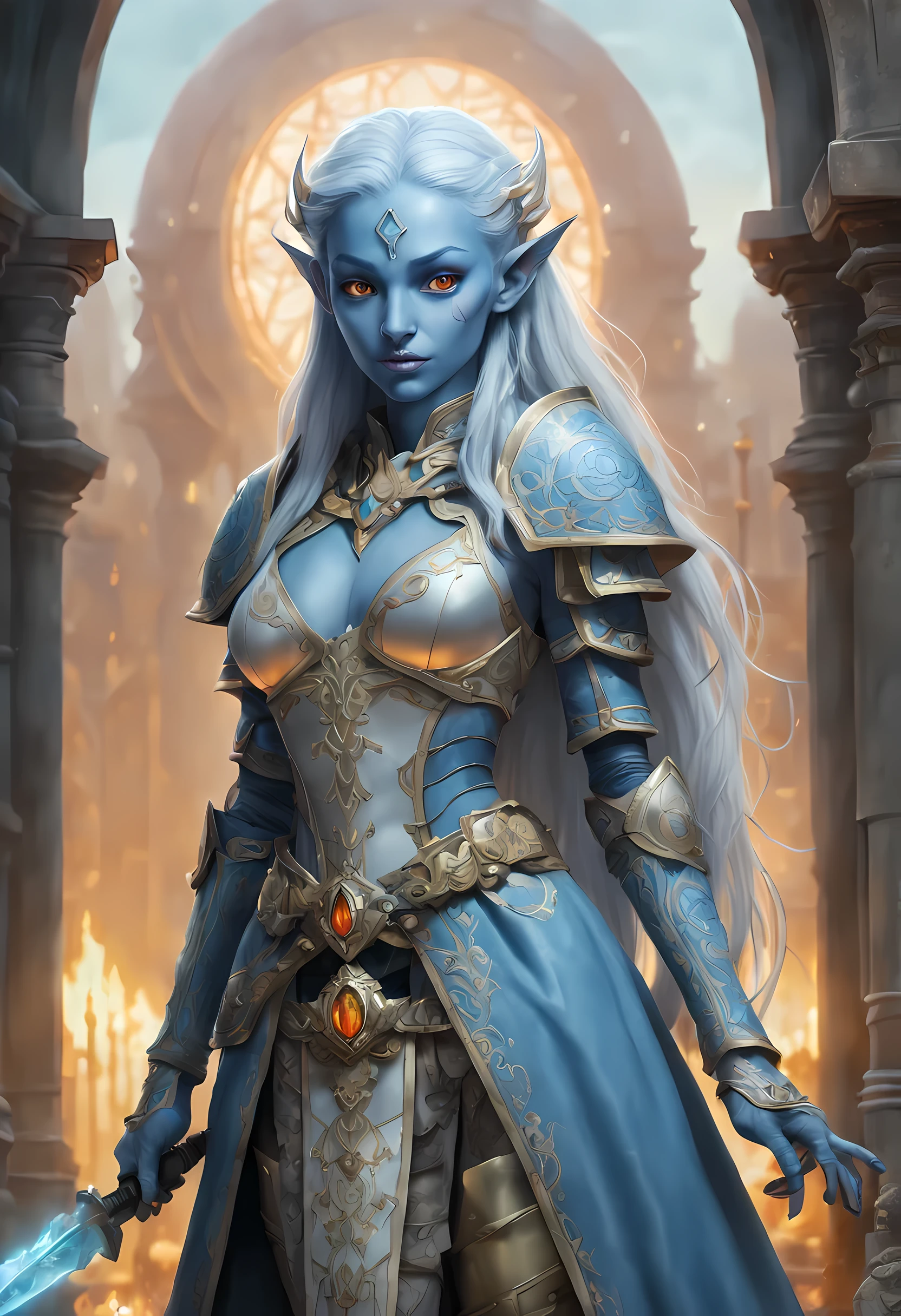 fantasy art, dnd art, RPG art, wide shot, (masterpiece: 1.4) a (portrait: 1.3) intense details, highly detailed, photorealistic, best quality, highres, portrait a female (fantasy art, Masterpiece, best quality: 1.3) ((blue skin: 1.5)), intense details facial details, exquisite beauty, (fantasy art, Masterpiece, best quality) cleric, (blue: 1.3) skinned female, white hair, long hair, (hair hides ears: 1.5), (green: 1.3) eye, fantasy art, Masterpiece, best quality) armed a fiery sword red fire, wearing heavy (white: 1.3) half plate mail armor, wearing high heeled laced boots, wearing an(orange :1.3) cloak, wearing glowing holy symbol GlowingRunes_yellow, within fantasy temple background, reflection light, high details, best quality, 16k, [ultra detailed], masterpiece, best quality, (extremely detailed), close up, ultra wide shot, photorealistic, RAW, fantasy art, dnd art, fantasy art, realistic art,((best quality)), ((masterpiece)), (detailed), perfect face,