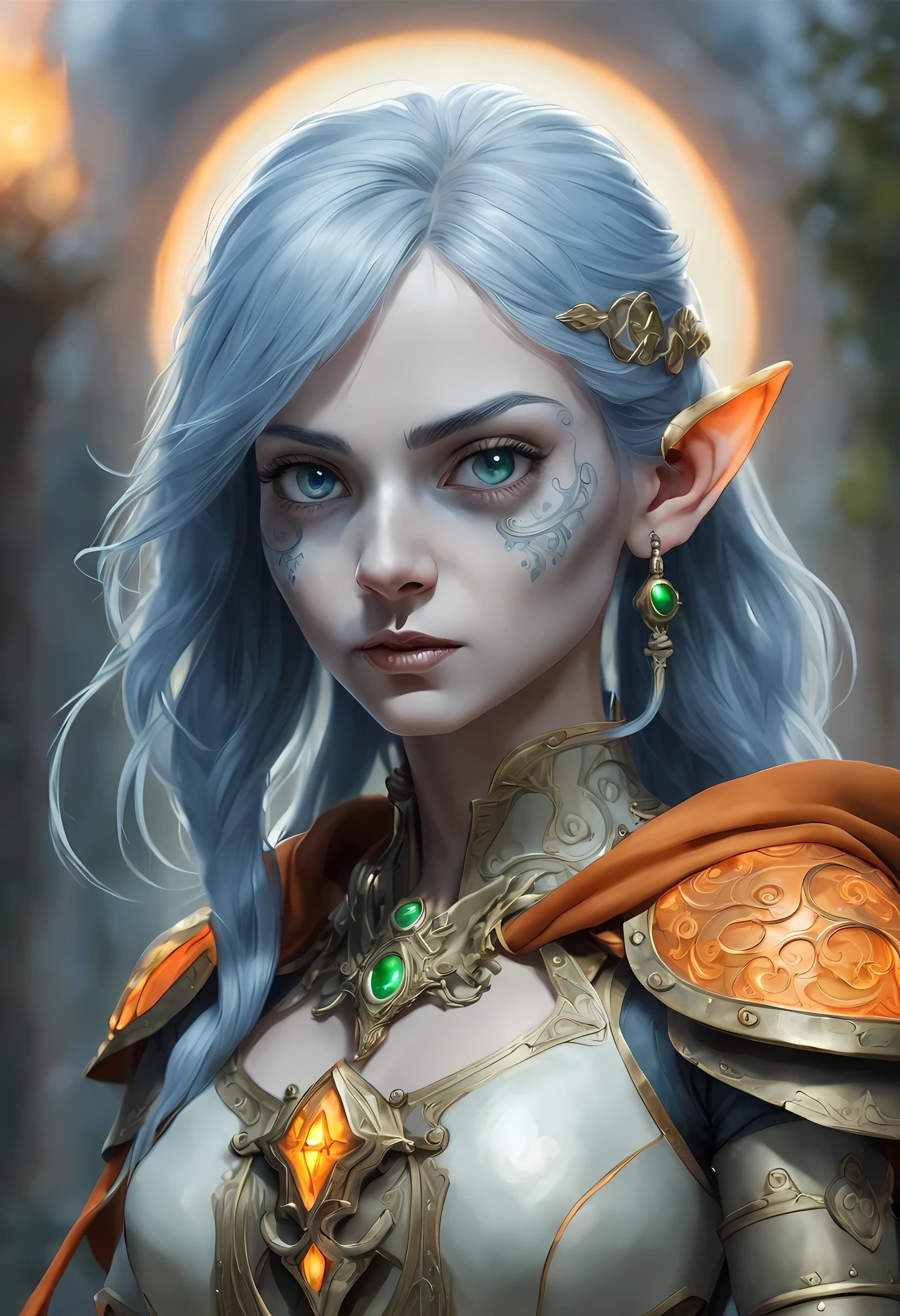 fantasy art, dnd art, RPG art, wide shot, (masterpiece: 1.4) a (portrait: 1.3) intense details, highly detailed, photorealistic, best quality, highres, portrait a female (fantasy art, Masterpiece, best quality: 1.3) ((blue skin: 1.5)), intense details facial details, exquisite beauty, (fantasy art, Masterpiece, best quality) cleric, (blue: 1.3) skinned female, white hair, long hair, (hair hides ears: 1.5), (green: 1.3) eye, fantasy art, Masterpiece, best quality) armed a fiery sword red fire, wearing heavy (white: 1.3) half plate mail armor, wearing high heeled laced boots, wearing an(orange :1.3) cloak, wearing glowing holy symbol GlowingRunes_yellow, within fantasy temple background, reflection light, high details, best quality, 16k, [ultra detailed], masterpiece, best quality, (extremely detailed), close up, ultra wide shot, photorealistic, RAW, fantasy art, dnd art, fantasy art, realistic art,((best quality)), ((masterpiece)), (detailed), perfect face,