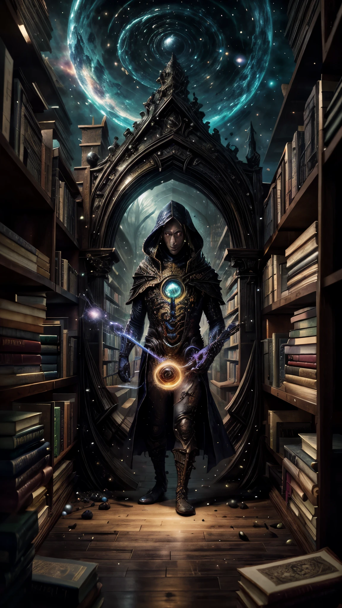 image of a wizard man standing in a magical library with books, endless books, borne space library artwork, books cave, fantasy book illustration, spiral shelves full of books, infinite celestial library, an eternal library, gothic epic library concept, magic library, japanese sci - fi books art, beeple and jean giraud, books all over the place, masterpiece, ccurate, anatomically correct, super detail, high quality, award winning, highres, 4K, 8k