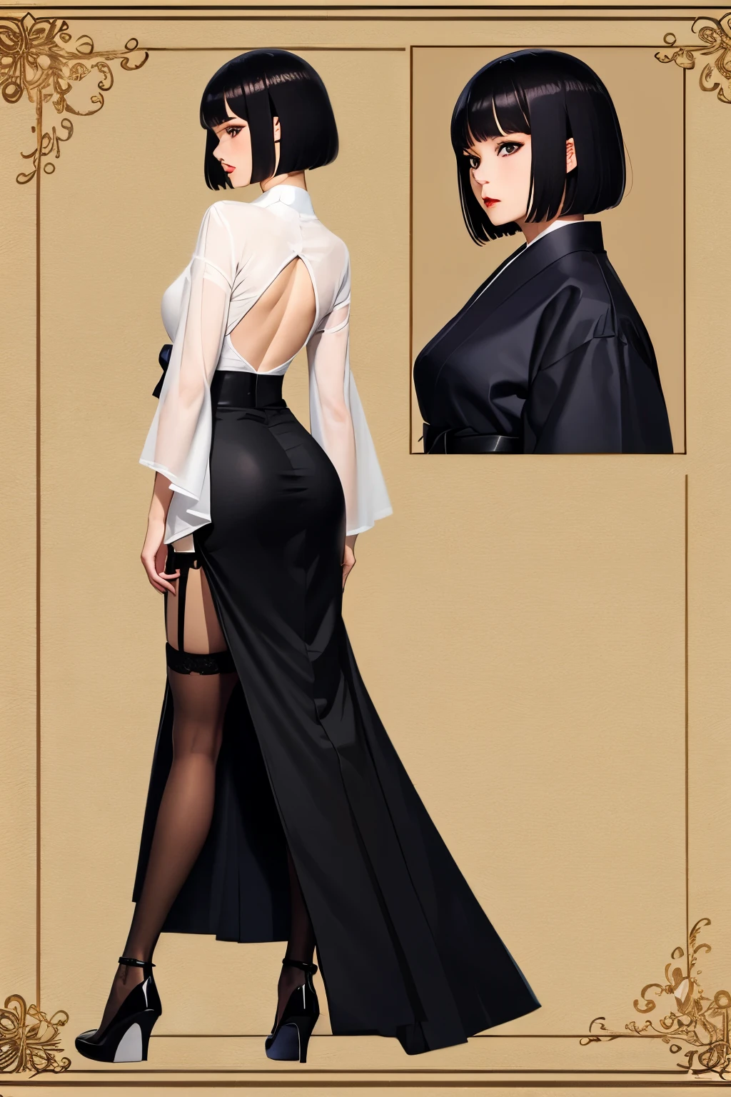hakama, silk stocking , nylon , pumps, heel, high quality, ,black hair ,beautiful ,silky , see-through , black satin, standing , shiny, glossy, skin stocking, luster, bob cut, short hair , Garter belt , t-back