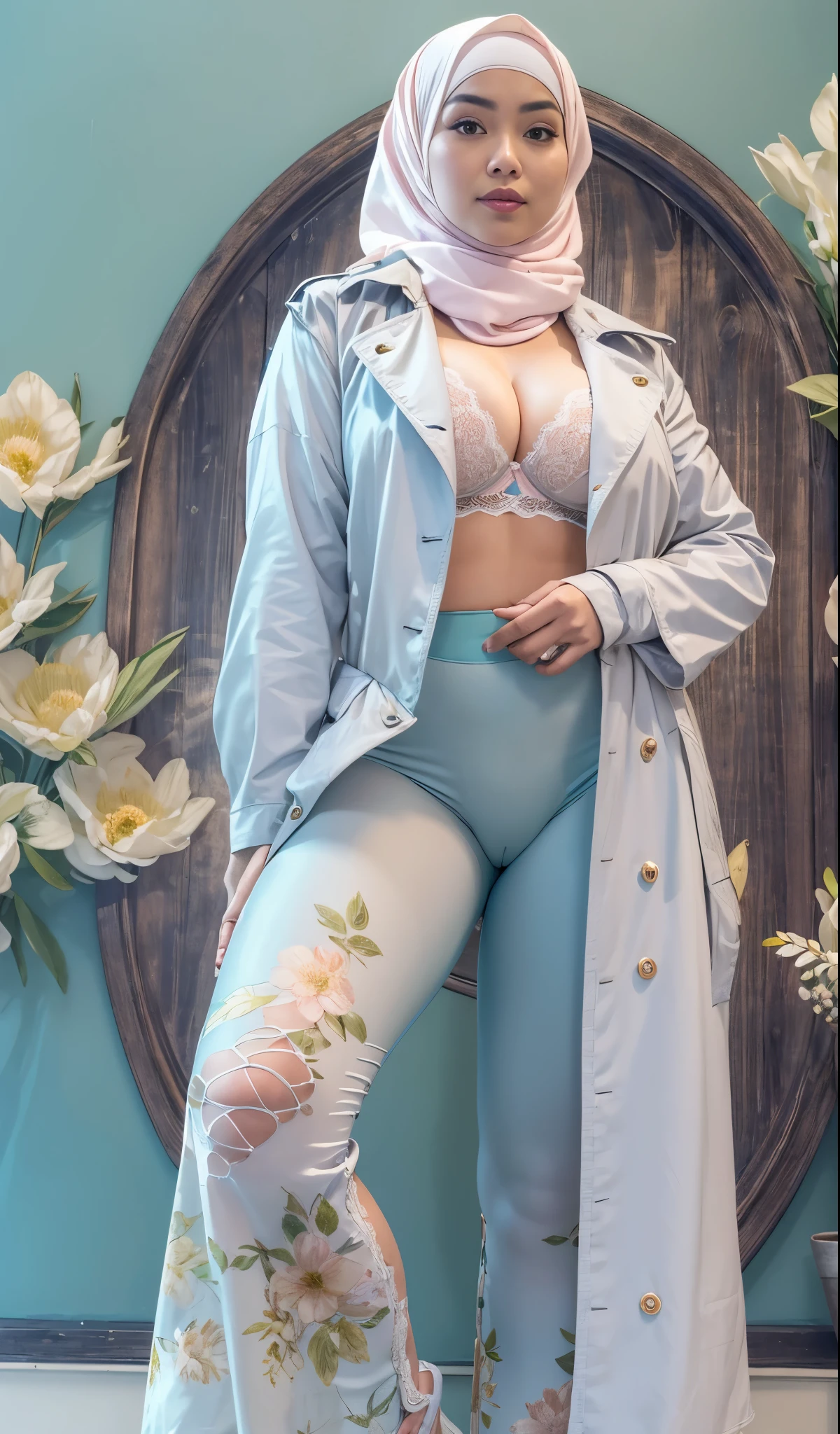 (masterpiece, best quality:1.2), solo, 1 malay girl, soft smile, looking at viewer, hand on hip,pastel color hijab, eyewear on head, white floral lace bra and leggings, pastel blue trench coat, big breast, small waist, wide hips, thick thigh, slims abs, camel toe,real footage