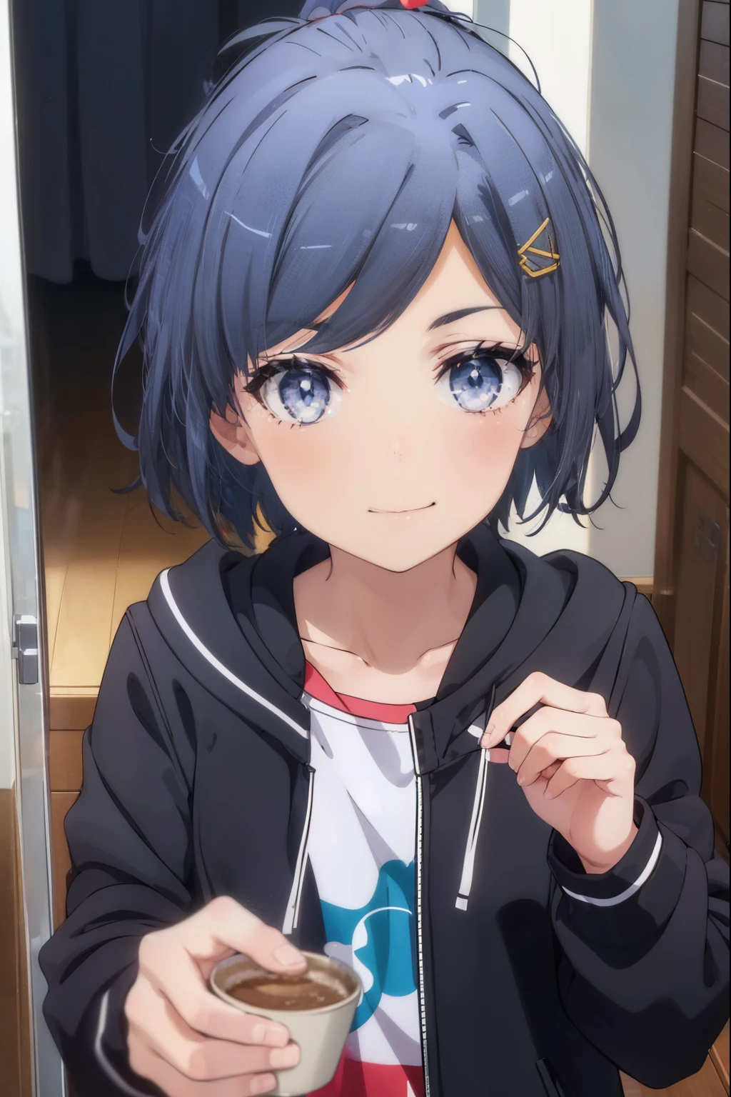 komachihikigaya, komachi hikigaya, short hair, ponytail black hair, hair ornaments, Ahoge, hair clip, x hair ornaments, (purple eyes:1.1),smile,blush, tooth, smile, open your mouth,stadium jacket,sweater,short denim,white pantyhose,red high cut sneakers,winter,whole body,Breaking the outdoors looking down from above, In town,Destroy the building area (masterpiece:1.2), highest quality, High resolution, unity 8k wallpaper, (figure:0.8), (beautiful and fine eyes:1.6), highly detailed face, perfect lighting, Very detailed CG, (perfect hands, perfect anatomy),