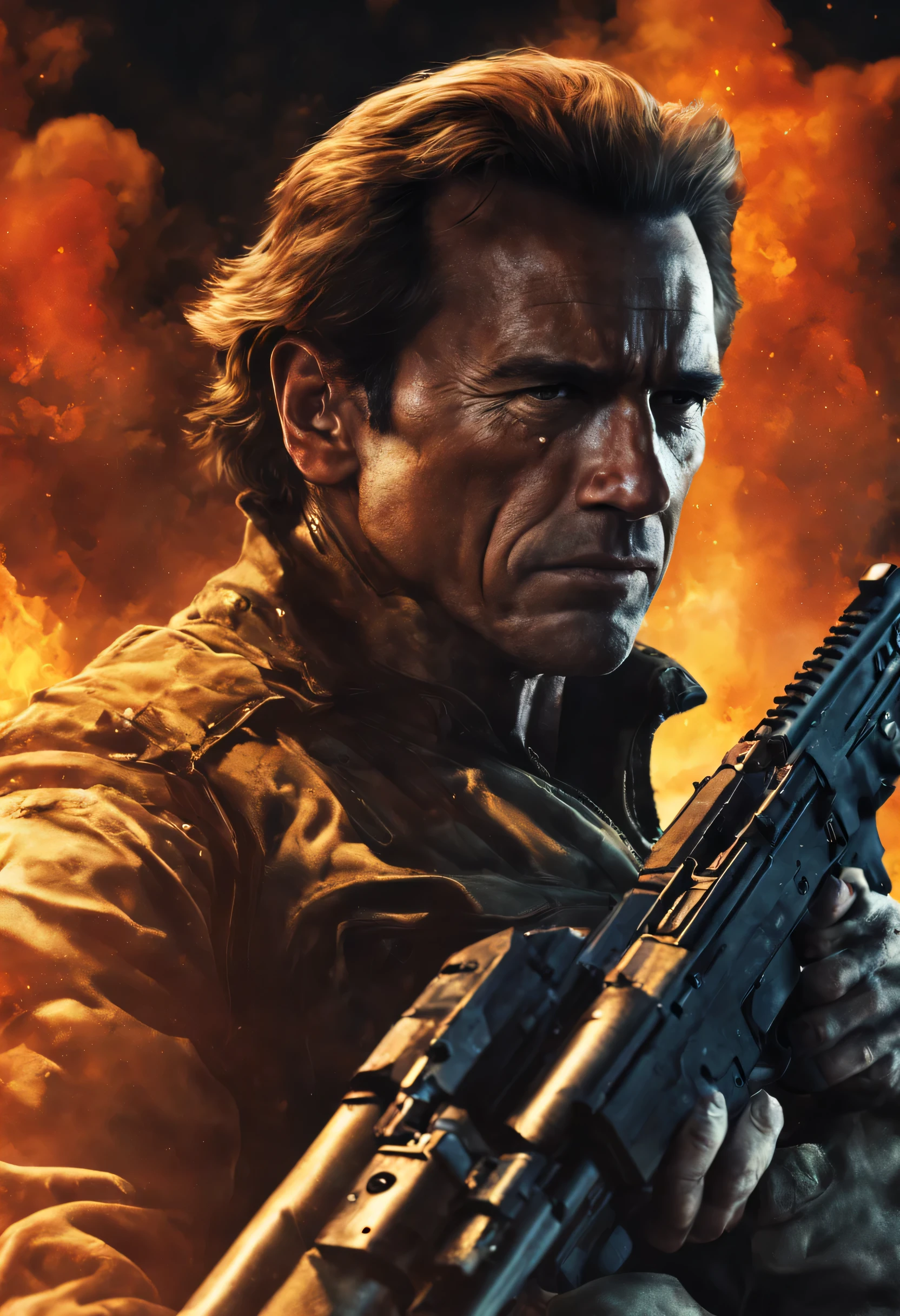 (Best quality,4K,8K,a high resolution,masterpiece:1.2),ultra detailed,Realistic:1.37,Arnold Schwarzenegger,cruel,bright colors,Sharp Focus, heavy machine gun, shooting,explosive fire,empty shells fell ,Explosions in the background,dramatic lighting,strong shadows,Physical rendering, determined eyes,air, filled with smoke,high contrast,