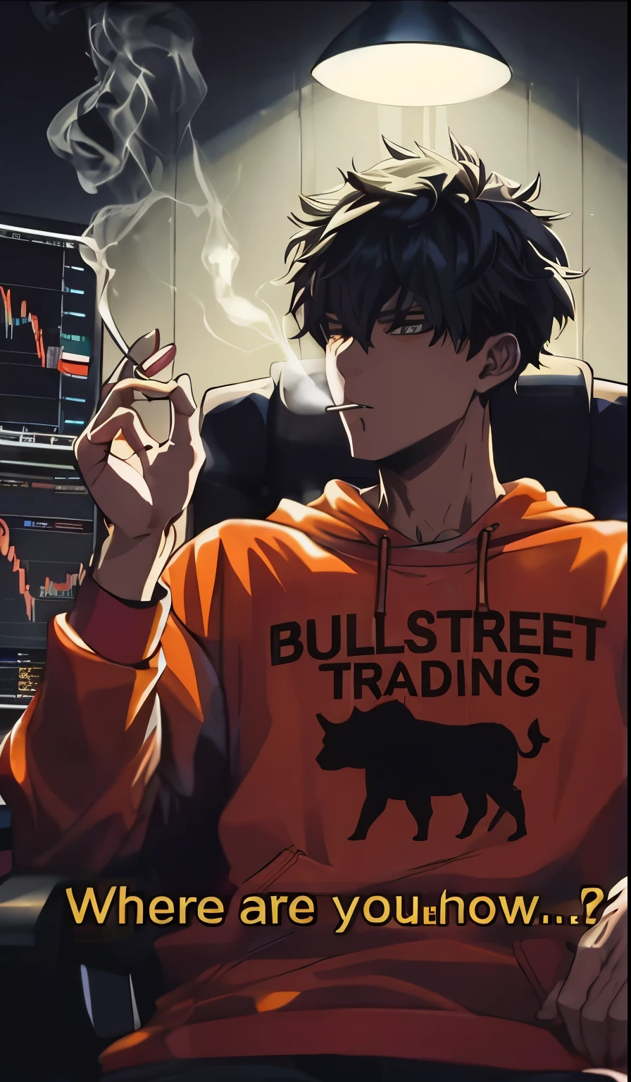 anime guy smoking a cigarette in a chair with a bull street trading sign on it, trading, high quality fanart, traders, with index finger, 🚀🚀🚀, anime wallaper, high quality anime artstyle, hyper bullish, trading stocks, trigger anime artstyle, anime trending artwork, trending anime art, style anime, trending anime artwork, handsome anime pose, male anime style