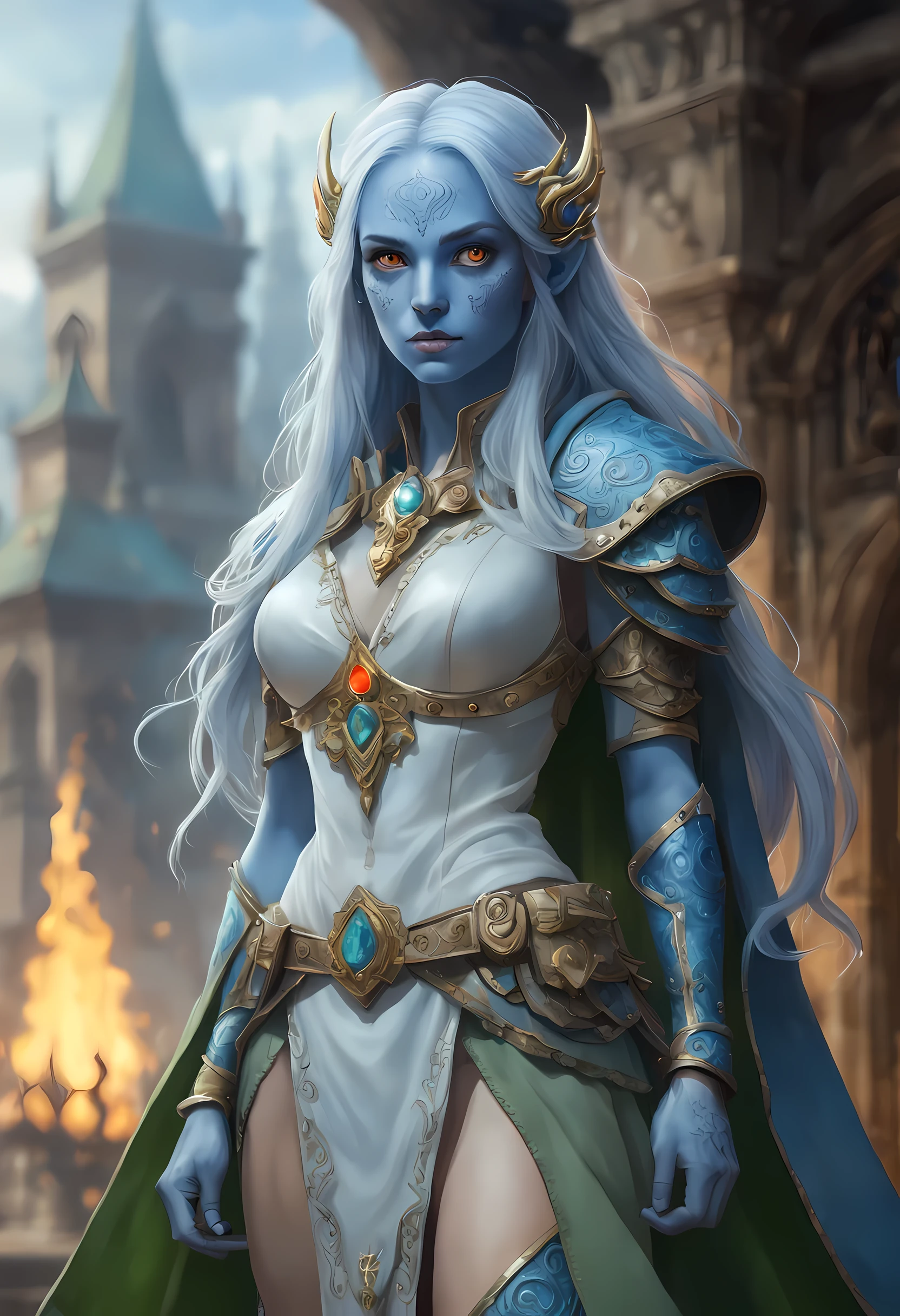 fantasy art, dnd art, RPG art, wide shot, (masterpiece: 1.4) a (portrait: 1.3) intense details, highly detailed, photorealistic, best quality, highres, portrait a female (fantasy art, Masterpiece, best quality: 1.3) ((blue skin: 1.5)), intense details facial details, exquisite beauty, (fantasy art, Masterpiece, best quality) cleric, (blue: 1.3) skinned female, white hair, long hair, (hair hides ears: 1.5), (green eyes: 1.3) eye, fantasy art, Masterpiece, best quality) armed a fiery sword red fire, wearing heavy (white: 1.3) half plate mail armor, wearing high heeled laced boots, wearing an(orange :1.3) cloak, wearing glowing holy symbol GlowingRunes_yellow, within fantasy temple background, reflection light, high details, best quality, 16k, [ultra detailed], masterpiece, best quality, (extremely detailed), close up, ultra wide shot, photorealistic, RAW, fantasy art, dnd art, fantasy art, realistic art,((best quality)), ((masterpiece)), (detailed), perfect face,