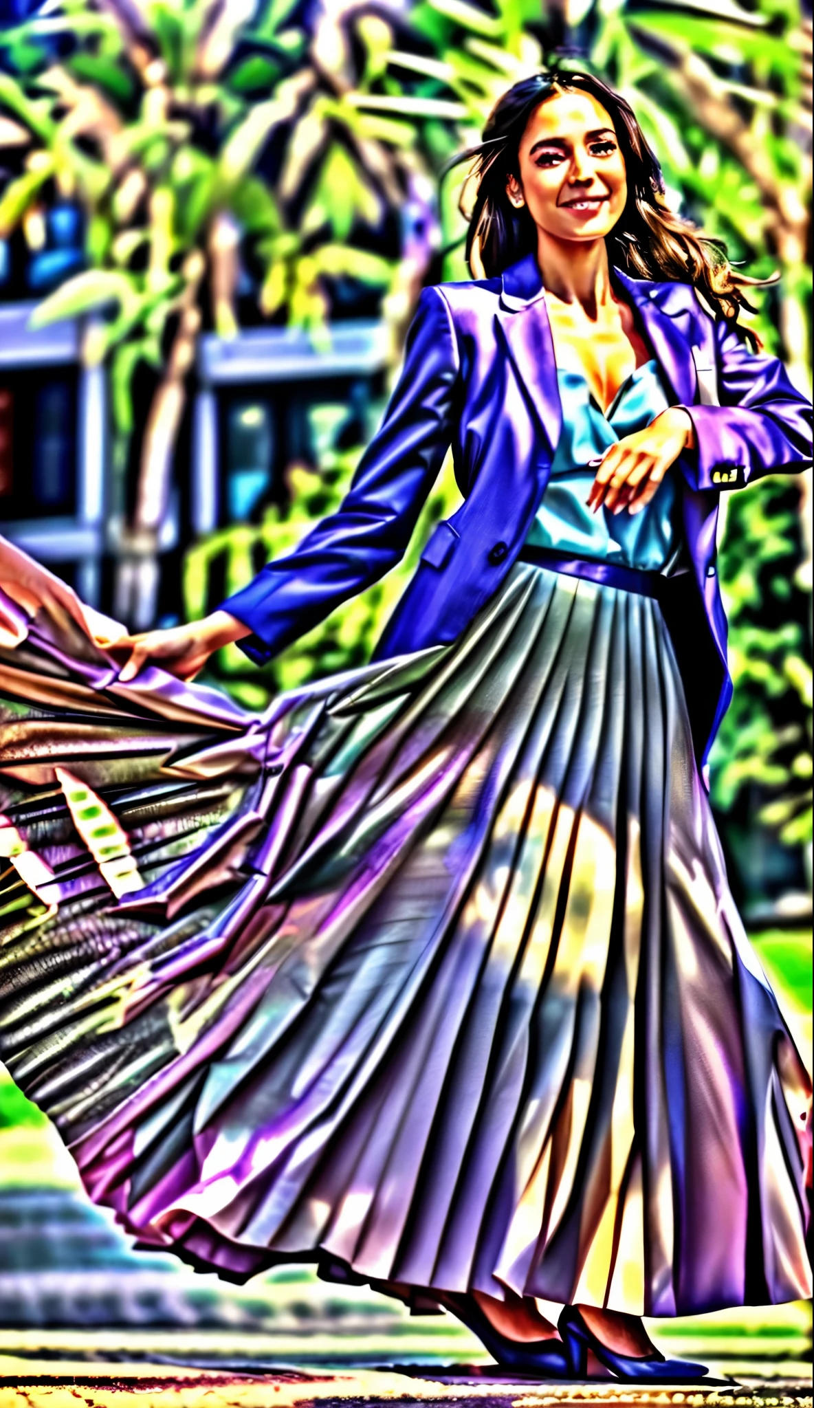 A smiling, authentic, (shy:1,3), kind, beautiful woman, is passionately in love with her skirt, while wind lifts her skirt, wearing short blazer and very very detailed (long (fully pleated) full circle skirt) and (low heeled court shoes), very very intricate hyper-detailed symmetric (attractive graceful young feminine face) with (sad, tired eyes and a loving smile), large breasts, full of empathy and compassion and love, (pronounced (feminine) features), (highly detailed ultra accurate realistic) hands and fingers, (windy), epic composition, highly detailed attributes, (35mm f1.4 Kodak portra 400 photograph), extremely high quality RAW photograph, highly detailed atmosphere, sci-fi, cinematic shot, dynamic lighting, 75mm, Technicolor, Panavision, cinemascope, sharp focus, fine details, 8k, HDR, realism, realistic, key visual, film still, superb cinematic color grading, depth of field