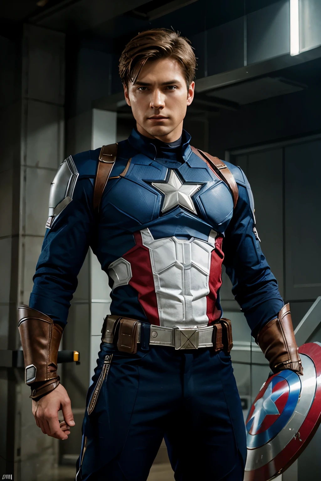 Digital comic book illustration by Clayton Crain, a boy 23 years old, super hero wielding elemental powers, short brown hair, brown eyes, in a Captain America's costume he wears his shield that reflects his abilities, standing, strong contrasts, from a front angle, in a dynamic action scene, visually striking, immersive atmosphere,