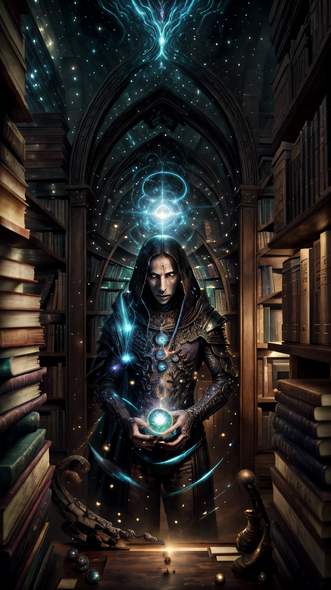 image of a wizard man standing in a magical library with books, endless books, borne space library artwork, books cave, fantasy book illustration, spiral shelves full of books, infinite celestial library, an eternal library, gothic epic library concept, magic library, japanese sci - fi books art, beeple and jean giraud, books all over the place, high detail, glowing light, sparkle, masterpiece, ccurate, anatomically correct, super detail, high quality, award winning, highres, 4K, 8k