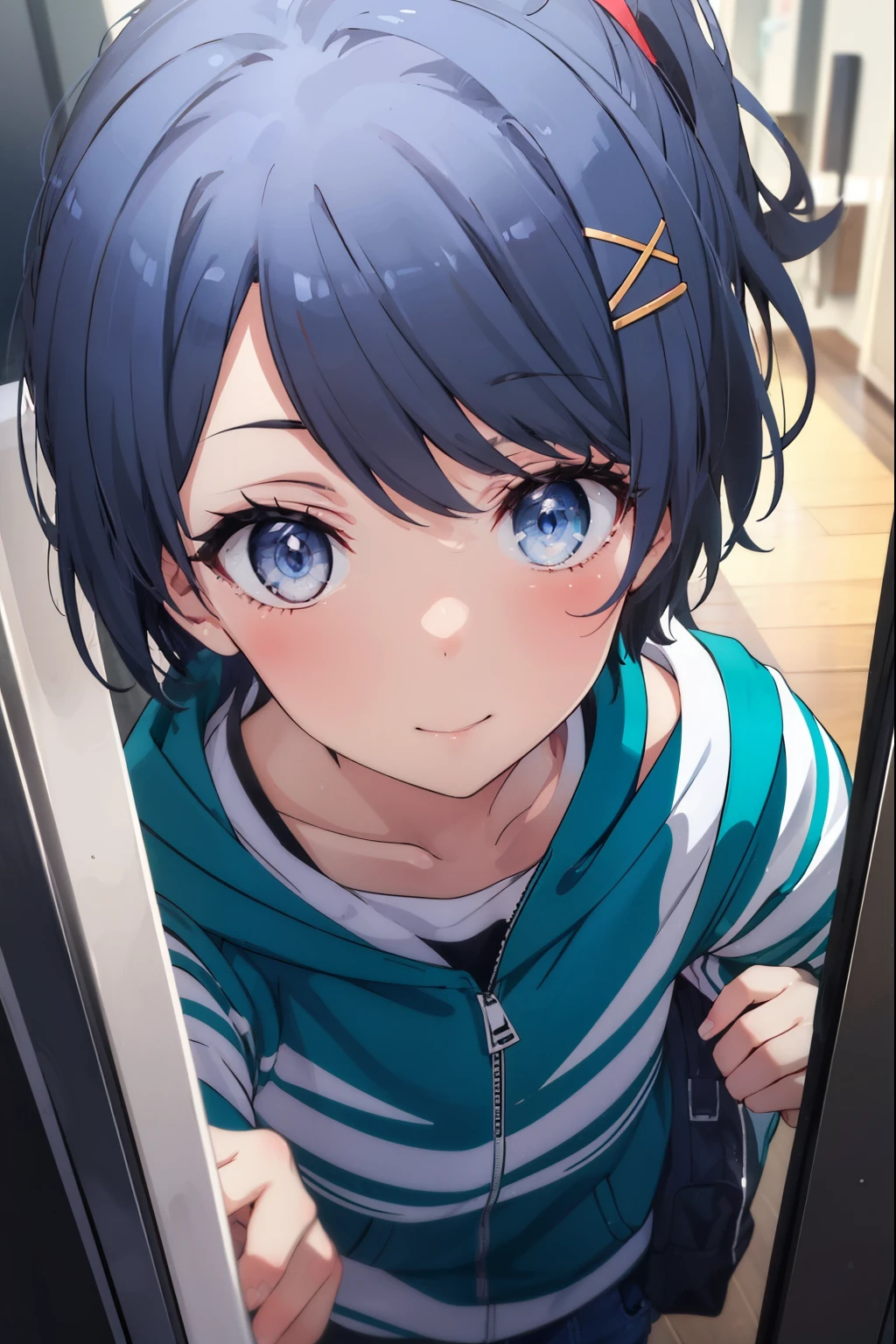 komachihikigaya, komachi hikigaya, short hair, ponytail black hair, hair ornaments, Ahoge, hair clip, x hair ornaments, (purple eyes:1.1),smile,blush, tooth, smile, open your mouth,stadium jacket,sweater,short denim,white pantyhose,red high cut sneakers,winter,whole body,Breaking the outdoors looking down from above, In town,Destroy the building area (masterpiece:1.2), highest quality, High resolution, unity 8k wallpaper, (figure:0.8), (beautiful and fine eyes:1.6), highly detailed face, perfect lighting, Very detailed CG, (perfect hands, perfect anatomy),