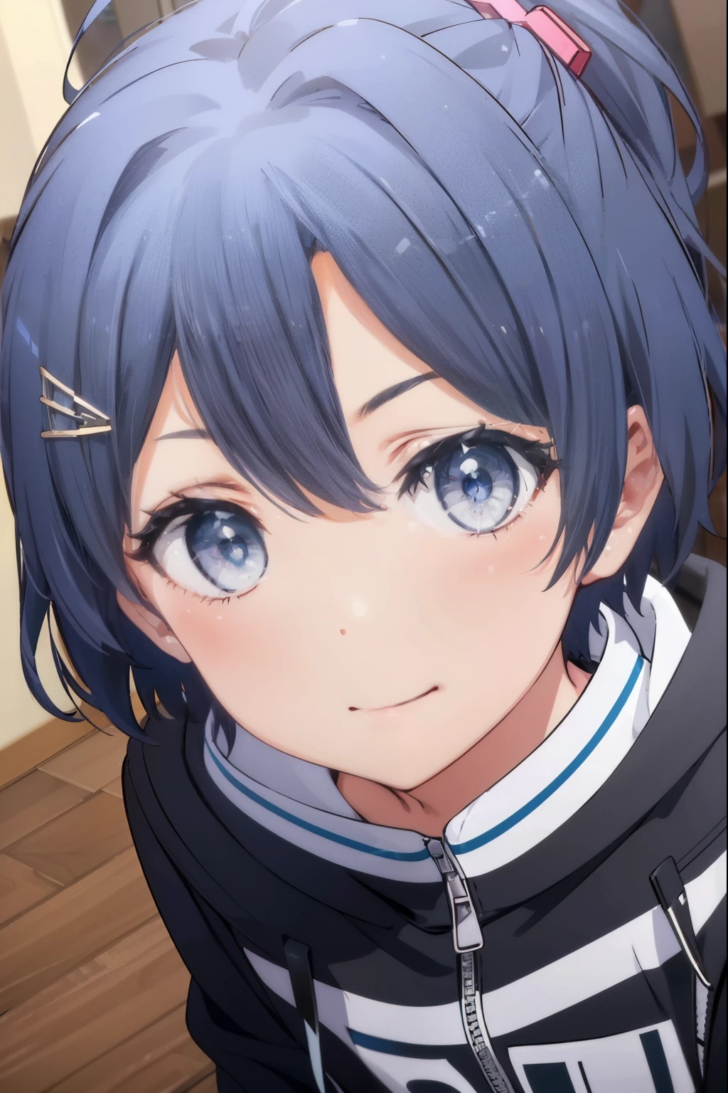 komachihikigaya, komachi hikigaya, short hair, ponytail black hair, hair ornaments, Ahoge, hair clip, x hair ornaments, (purple eyes:1.1),smile,blush, tooth, smile, open your mouth,stadium jacket,sweater,short denim,white pantyhose,red high cut sneakers,winter,whole body,Breaking the outdoors looking down from above, In town,Destroy the building area (masterpiece:1.2), highest quality, High resolution, unity 8k wallpaper, (figure:0.8), (beautiful and fine eyes:1.6), highly detailed face, perfect lighting, Very detailed CG, (perfect hands, perfect anatomy),