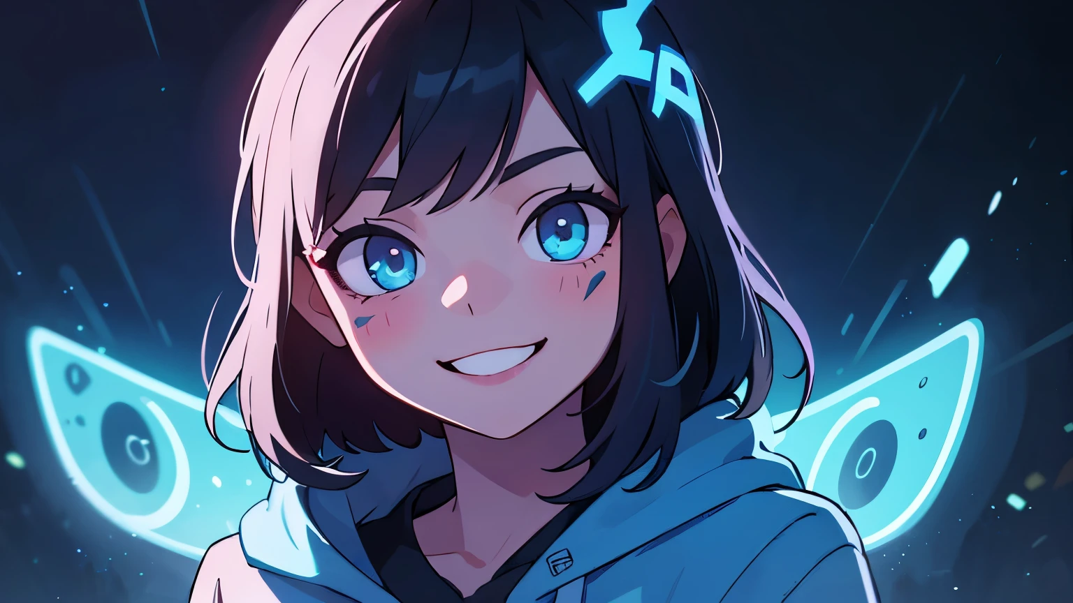 ((best quality)), ((masterpiece)), (detailed), perfect face, detailed background, masterpiece, best quality, smile, ornament, hoodie, portrait, blue neon, graffiti, dark, night, glowing eyes, blacklight
