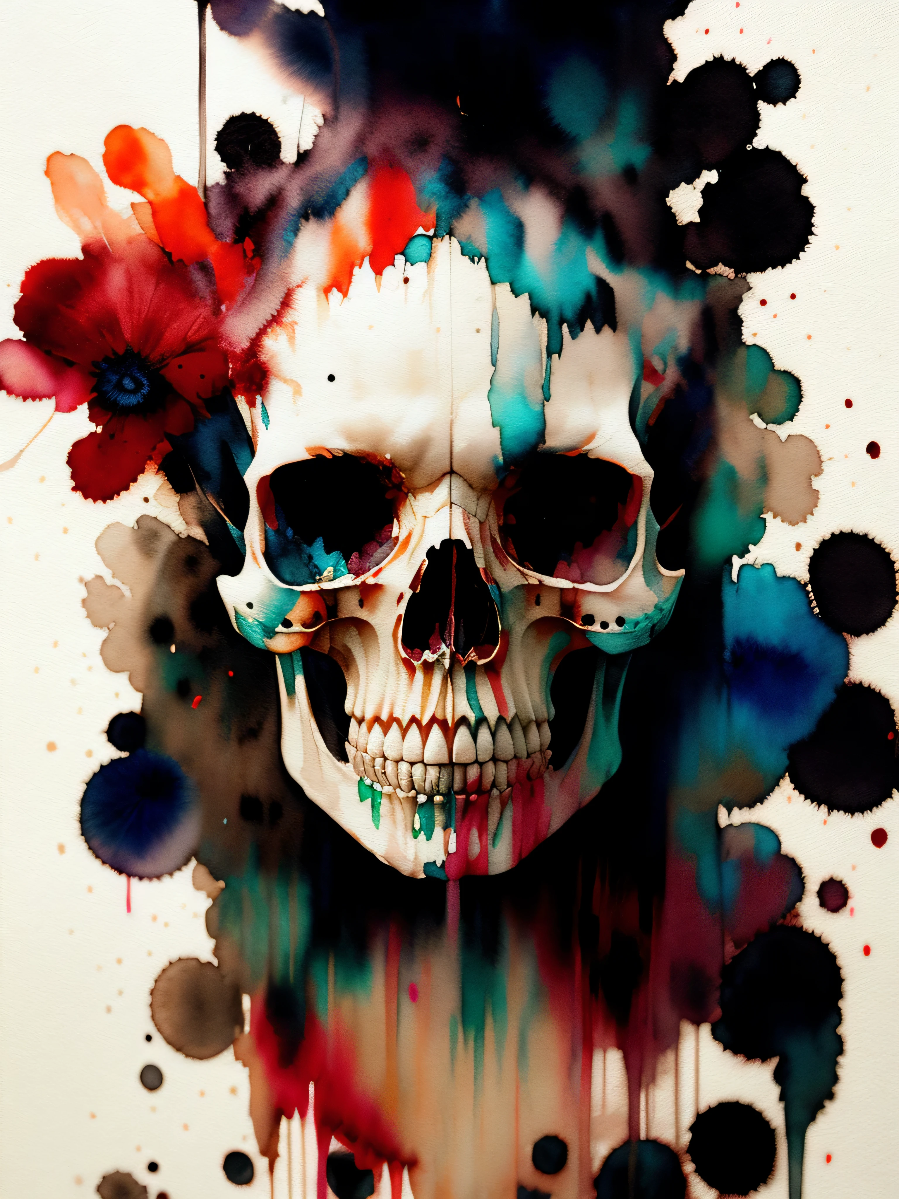 wtrcolor style, black and white, Digital art of (skull), official art, frontal, masterpiece, Beautiful, ((watercolor)), face paint, paint splatter, intricate details. Highly detailed, detailed eyes, [dripping:0.5], Trending on artstation, by Rachel Walker,