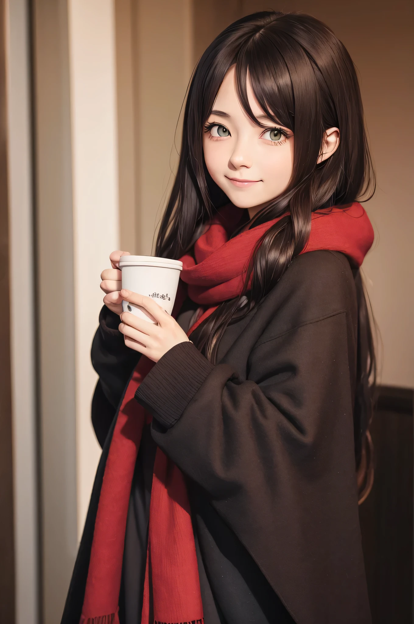 anime girl with dark brown long hair and a red scarf and a black coat, in a cloak with long hairs, ( ( wearing a long coat ) ), anime girl with long hair, in an anime style, anime moe artstyle, an anime girl, chilly, (anime girl), mysterious coffee shop girl, anime visual of a cute girl, dressed with long fluent clothes, with grey sweater, green eyes, smile, holding a cup of coffe