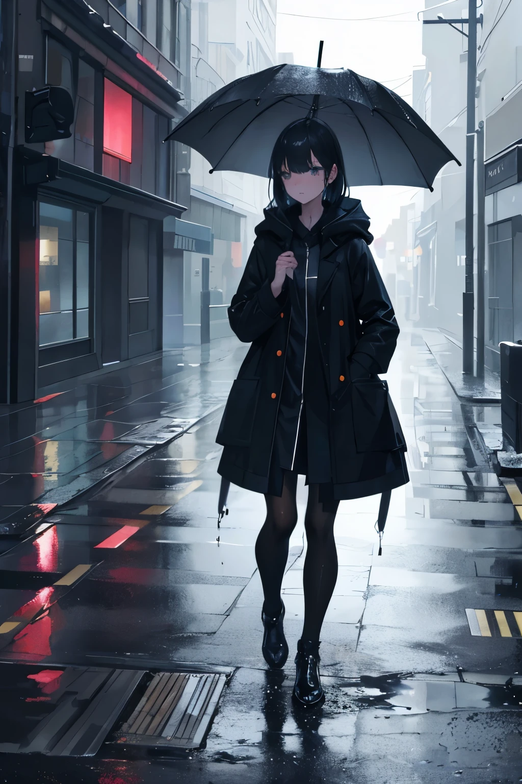 A girl walking in a rainy night, wearing a coat and putting her hands in the pockets. (best quality,ultra-detailed,realistic),night scene,dark colors,rainy street,reflective wet pavements,shimmering streetlights,moody atmosphere,misty surroundings,glowing neon signs,twinkling raindrops,water droplets on the girl's coat,splashes of water on the ground,an umbrellain her other hand.