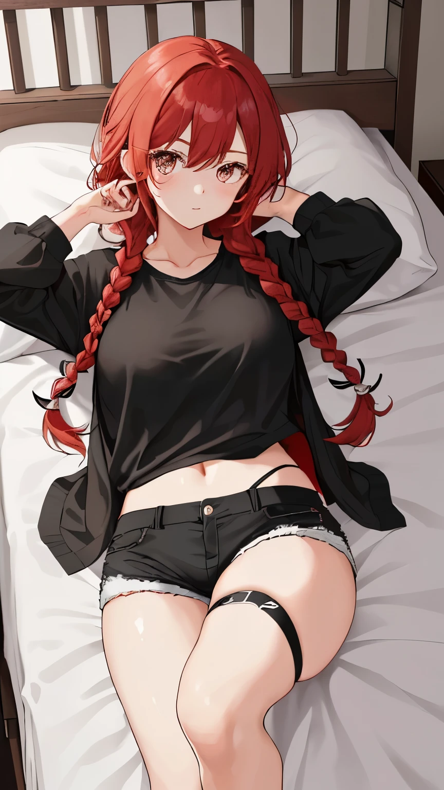 score_9, score_8_up, score_7_up, score_6_up, score_5_up, score_4_up, source_anime, 1girl, she was lying down, smile, red hair, braids, close eyes, w-w-chain, spread arms, long hair, black shirt, shorts, thigh boots, black boots, platforms, night, dungeon, best quality, best res, 4K UHD,
 