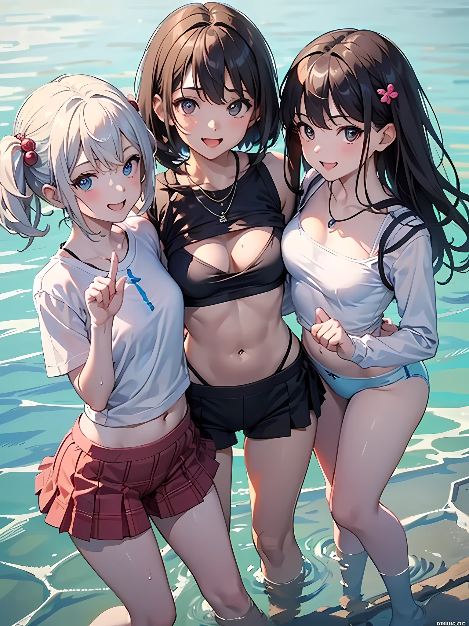 ((highest quality)), ((masterpiece)), (Cute baby girl), (3 girls:1.3), cute three girls are posing for a camera outdoors in the water, shirtをつかむ, stand side by side, (Close-up shot from the knee:1.3), perfect face, smile, (open your mouth and smile:1.3), embarrassed look, (precise fingers:1.3), hair band, head band, hair bobble, blouse, shirt, I can see your underwear, (pastel colored underwear), high resolution eyes, accurate eyes, (high resolution eyes:1.8), (High definition finger 1.8), light smile, small chest, chest, realistic, 4-year-old, , 6 years oldld, knee sockirt, Asian, Westerners, silver hair, brown hair, blonde, belly button, jewelry, looking at the viewer, necklace, water, , Wet, long hair, short hair, abs,