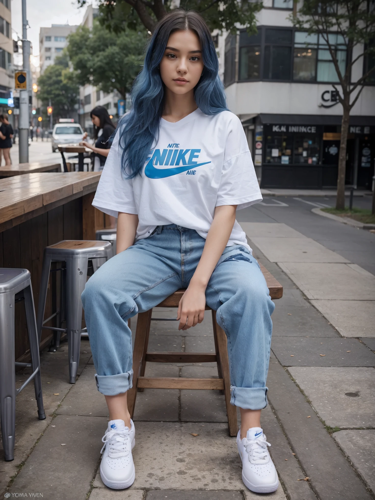 22 year old woman with amazing blue hair, every strand is carefully thought out. she has a beautiful, graceful face with highly detailed skin. She is slim and graceful, with a pronounced mole under the eye. Her skin is white and soft. sitting on a bar stool, her hair has a frizzy texture. She's dressed in street style: black cargo jeans, large T-shirt and Nike Air Force 1 sneakers. She's also wearing a big hoodie..
She's waiting in the cafe, passionate about K-pop culture and known as an Instagram influencer. She's also a gamer. Her clothing style is loose silhouettes, shiny hair and sparkling brown eyes. Her skin is glowing, with a perfect feminine figure and narrow waist.
Her illustrations and photographs are high resolution, high-quality shadows and maximum detail. The girl's eyes and face are extremely detailed. Her images are realistically and cinematically lit, with side light, lens flash and sharp focus. This is high quality art, distinguished by its detail and realism.