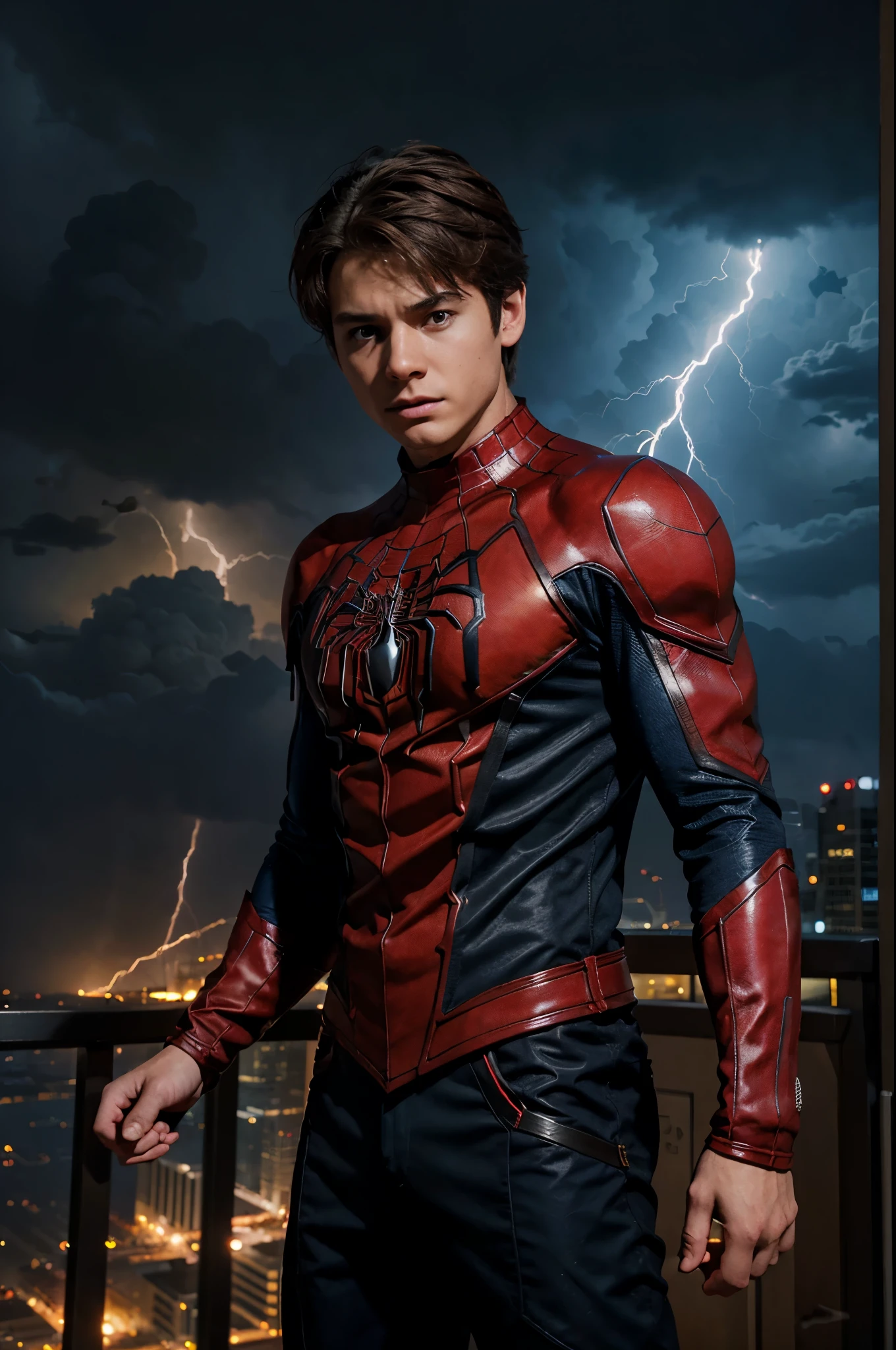 At the top of a Tower, during a battle against aliens, Digital comic book illustration by Clayton Crain, a little boy super hero wielding elemental powers, short brown hair, brown eyes, in a SpiderMan's costume that reflects his abilities, standing amidst a red stormy cityscape lightning , strong contrasts, from a front angle, in a dynamic action scene, visually striking, immersive atmosphere,