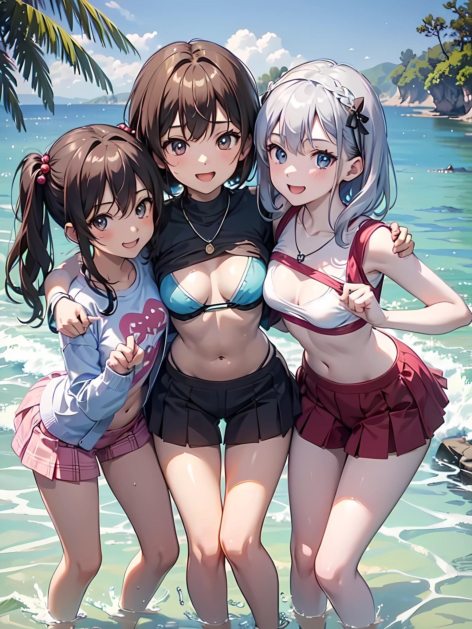 ((highest quality)), ((masterpiece)), (), (3 girls:1.3), cute three girls are posing for a camera outdoors in the water, shirtをつかむ, stand side by side, (Close-up shot from the knee:1.3), perfect face, smile, (open your mouth and smile:1.3), embarrassed look, (precise fingers:1.3), hair band, head band, hair bobble, blouse, shirt, I can see your underwear, (pastel colored underwear), high resolution eyes, accurate eyes, (high resolution eyes:1.8), (High definition finger 1.8), light smile, small chest, chest, realistic, 4-year-old, 5 yeold, ears ols old, knee s short skirt, Asian, Westerners, silver hair, brown hair, blonde, belly button, jewelry, looking at the viewer, necklace, water, , Wet, long hair, short hair, abs,