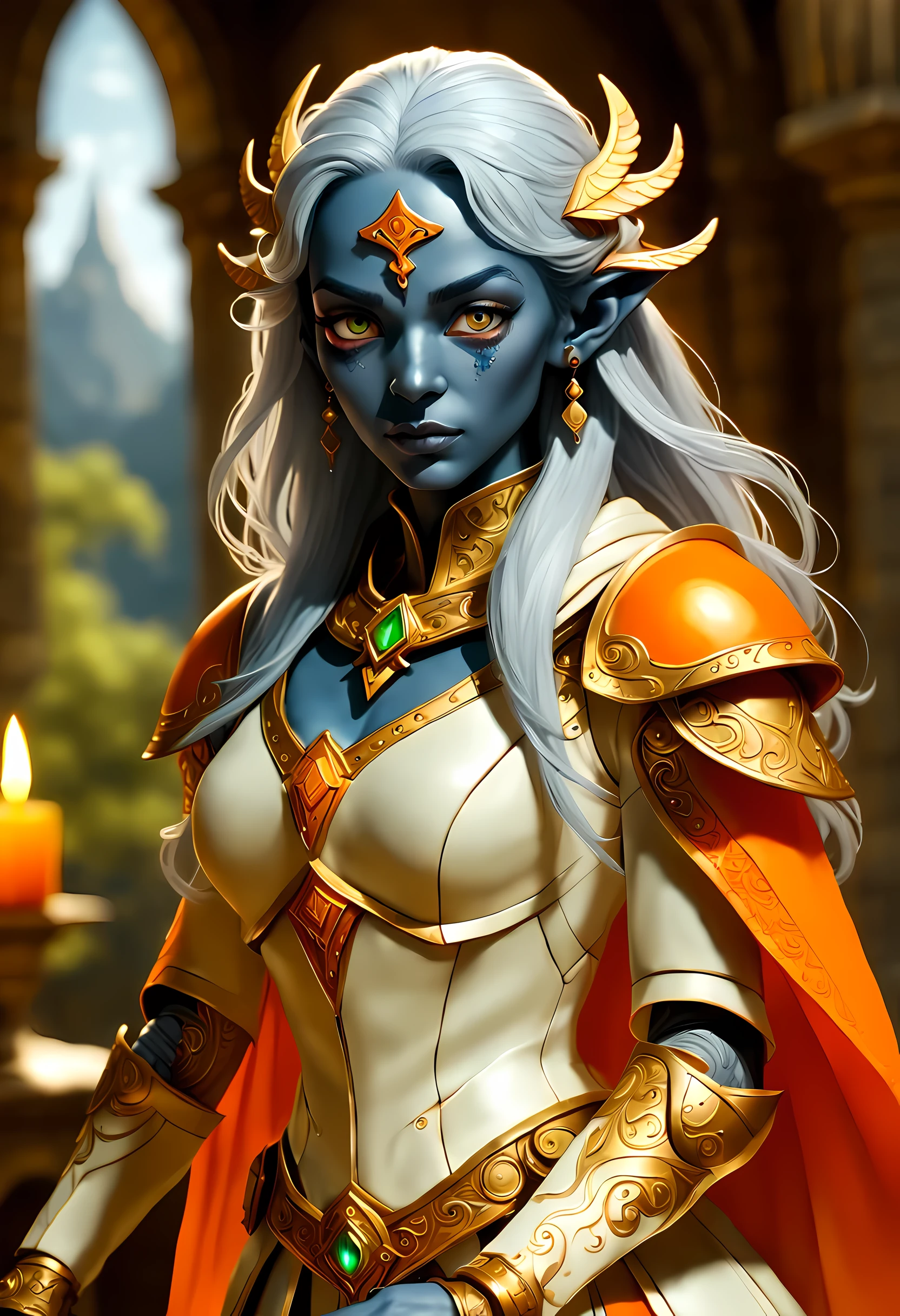 fantasy art, dnd art, RPG art, wide shot, (masterpiece: 1.4) a (portrait: 1.3) intense details, highly detailed, photorealistic, best quality, highres, portrait a female (fantasy art, Masterpiece, best quality: 1.3) ((blue skin: 1.5)), intense details facial details, exquisite beauty, (fantasy art, Masterpiece, best quality) cleric, (blue: 1.3) skinned female, white hair, long hair, (hair hides ears: 1.5), (green eyes: 1.3) armed a fiery sword red fire, wearing heavy (white: 1.3) half plate mail armor, wearing high heeled laced boots, wearing an(orange :1.3) cloak, wearing glowing holy symbol GlowingRunes_yellow, within fantasy temple background, reflection light, high details, best quality, 16k, [ultra detailed], masterpiece, best quality, (extremely detailed), close up, ultra wide shot, photorealistic, RAW, fantasy art, dnd art, fantasy art, realistic art,((best quality)), ((masterpiece)), (detailed), perfect face,