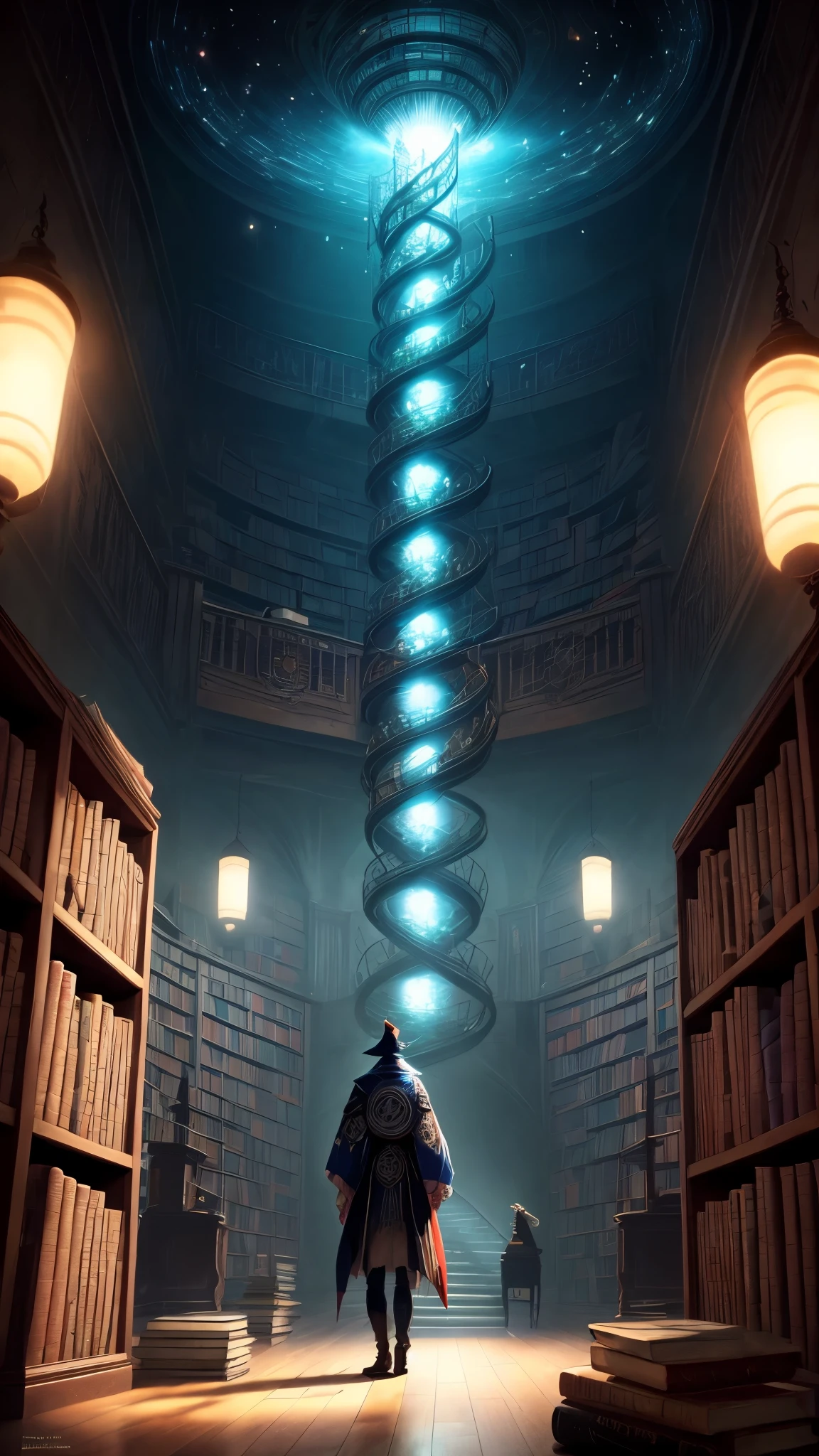 image of a wizard man standing in a magical library with books, endless books, borne space library artwork, books cave, fantasy book illustration, spiral shelves full of books, infinite celestial library, an eternal library, gothic epic library concept, magic library, japanese sci - fi books art, beeple and jean giraud, books all over the place, high detail, glowing light, sparkle, masterpiece, ccurate, anatomically correct, super detail, high quality, award winning, highres, 4K, 8k