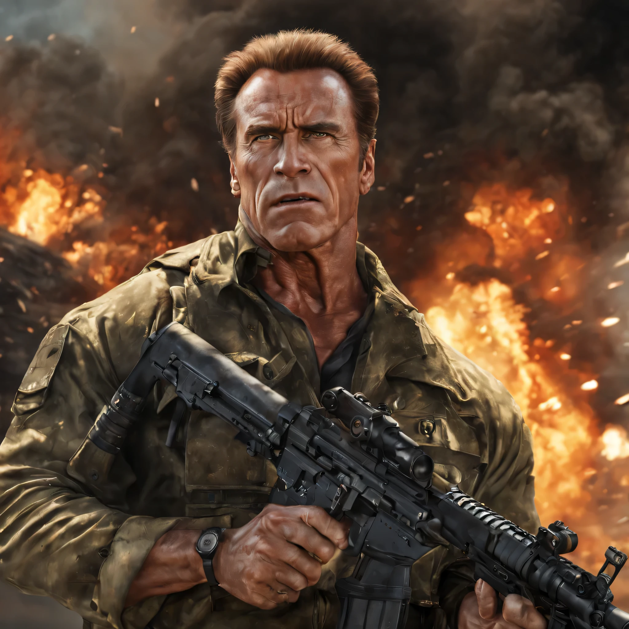 (Best quality,4K,8K,a high resolution,masterpiece:1.2),ultra detailed,Realistic:1.37,Arnold Schwarzenegger,cruel,bright colors,Sharp Focus, heavy machine gun, shooting,explosive fire,empty shells fell ,Explosions in the background,dramatic lighting,strong shadows,Physical rendering, determined eyes,air, filled with smoke,high contrast,