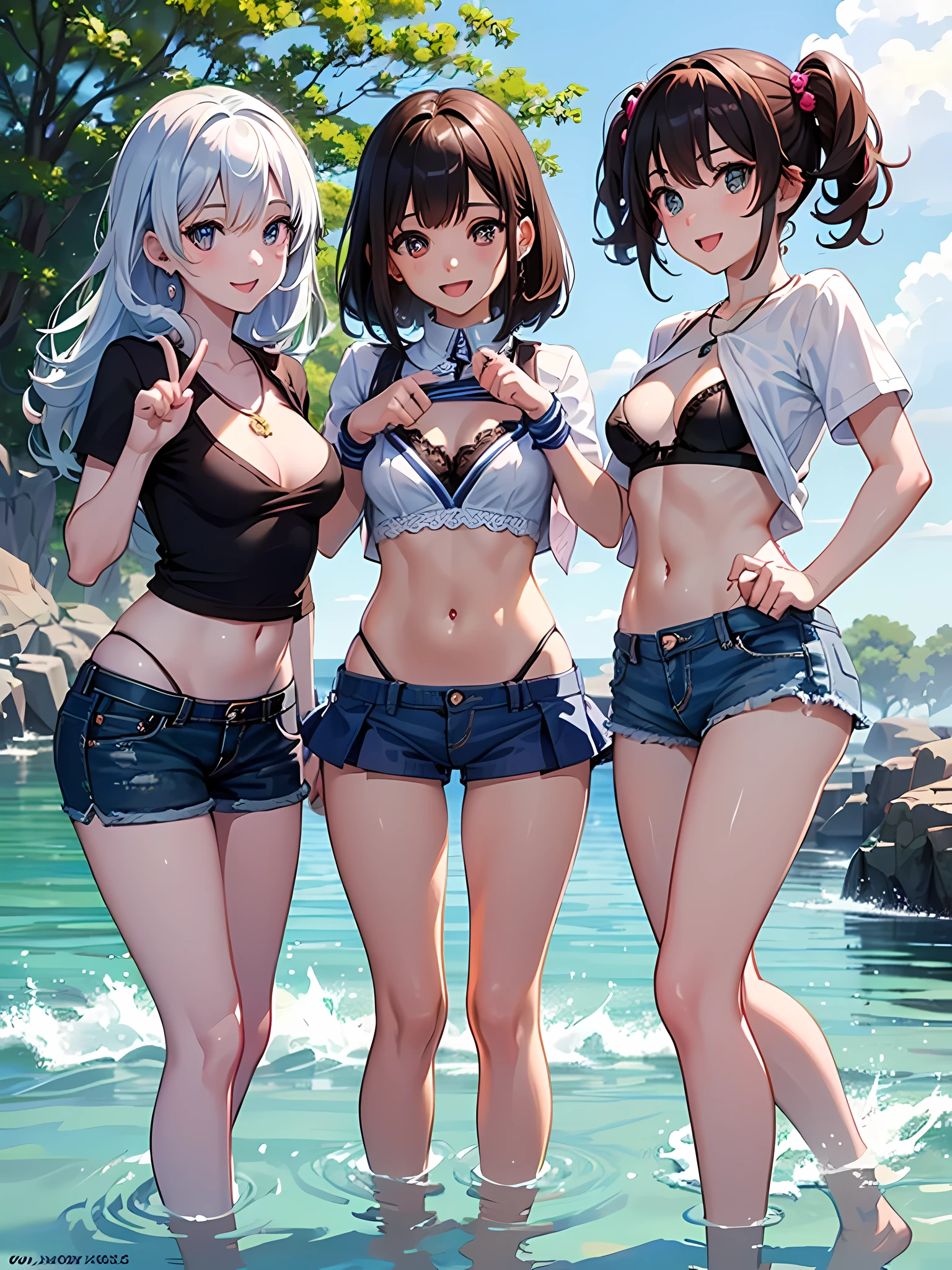 ((highest quality)), ((masterpiece)), (), (3 girls:1.3), cute three girls are posing for a camera outdoors in the water, shirtをつかむ, stand side by side, (Close-up shot from the knee:1.3), perfect face, smile, (open your mouth and smile:1.3), embarrassed look, (precise fingers:1.3), hair band, head band, hair bobble, blouse, shirt, I can see your underwear, (pastel colored underwear), high resolution eyes, accurate eyes, (high resolution eyes:1.8), (High definition finger 1.8), light smile, small chest, chest, realistic, 4-year-old, 5 yeold, ears ols old, knee s short skirt, Asian, Westerners, silver hair, brown hair, blonde, belly button, jewelry, looking at the viewer, necklace, water, , Wet, long hair, short hair, abs,