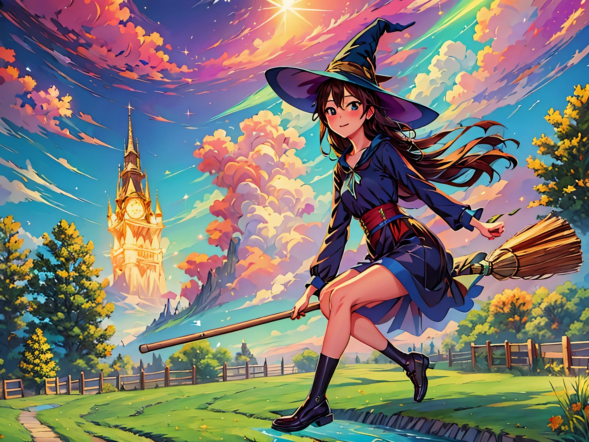 (masterpiece, highest quality:1.2), 1 girl, alone,Flying Witch,broom ride,night sky,star,beautiful,sparkle,detailed,aurora