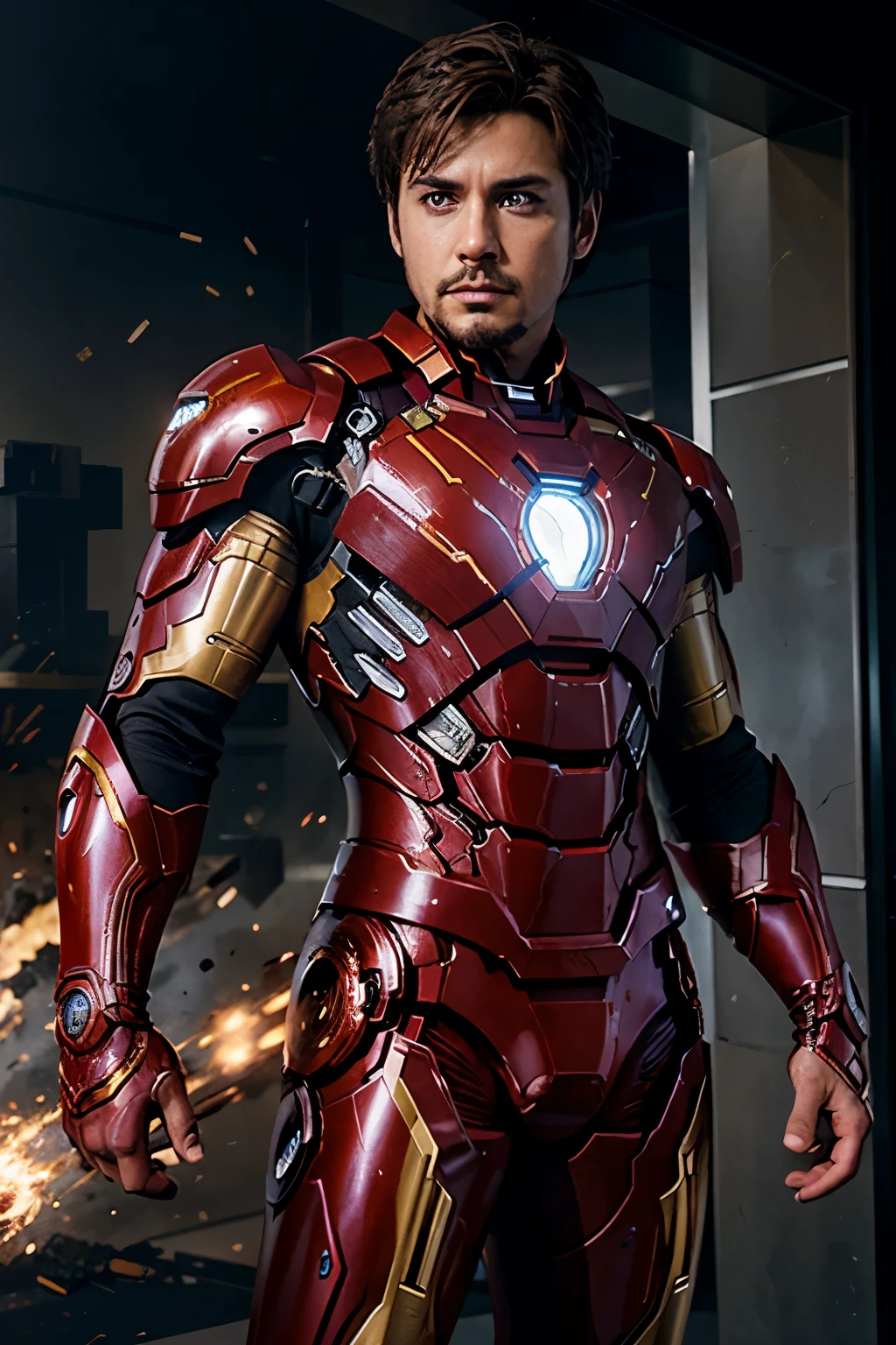 Digital comic book illustration by Clayton Crain, a boy 23 years old, super hero wielding elemental powers, short brown hair, brown eyes, in a Iron Man's costume that reflects his abilities, standing, strong contrasts, from a front angle, in a dynamic action scene, visually striking, immersive atmosphere,