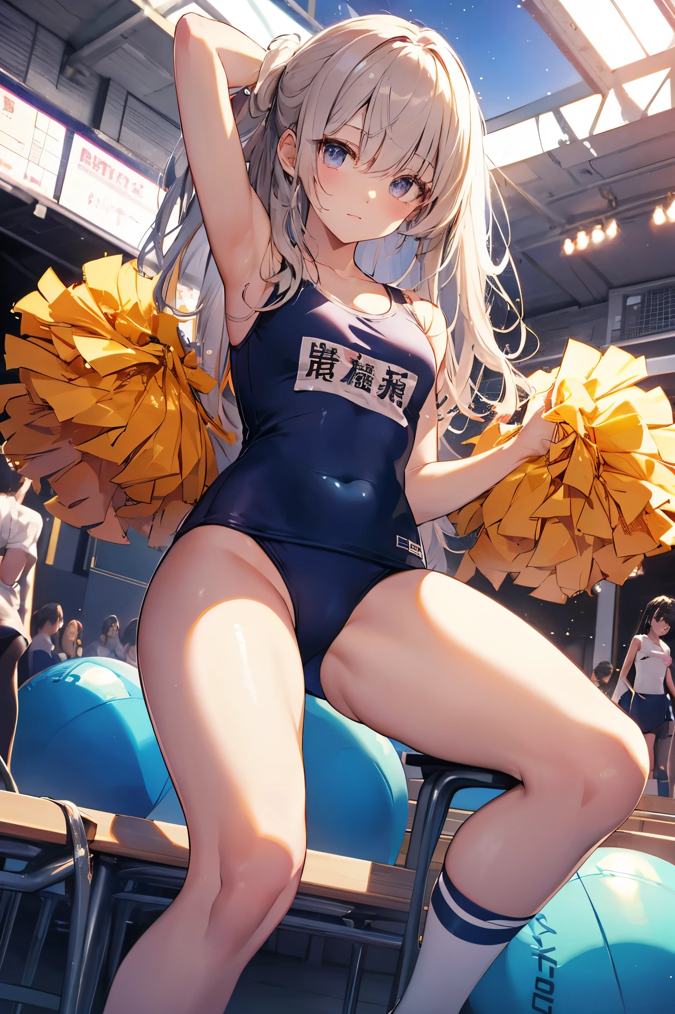 High quality、highest quality、complete limbs、Ultra high definition、Sparkling eyes、full finger、slender beauty、cheerleader、knee high、Wearing a school swimsuit、shiny skin