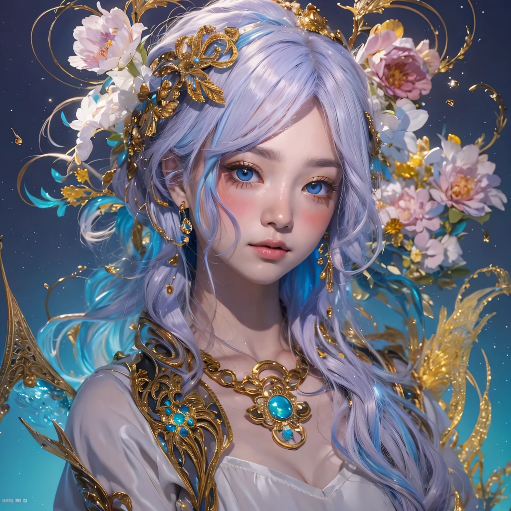 Yellow blue colors,enamel,agate,A flesh-colored world,Blood Blue Maiden 32k(masterpiece,HD,Aoyama Pond,超HD,32k)long flowing bright blue hair,blood pool,Ziddink, a color,grumpy (After greeting), (Linen scarf), fighting stance, looking at the ground, long white hair, Floating bright blue, Fire cloud gold headdress, Chinese long-sleeved gold silk burgundy garment, (Abstract metaverse splash:1.2), White background,Peony flower vitality protector(realistically:1.4),bright purple hair,Smoke on the road,The background is very pure, high resolution, detail, RAW photos, Sharp Re, Nikon D850 film photo by Jefferies Lee 4 Kodak Portra 400 camera F1.6 guns, colorful, Ultra-realistic and vivid textures, dramatic lighting, Unreal Engine Art Station Trend, Sinest 800,一个有着long flowing bright blue hair的女孩,huge colorful bubbles