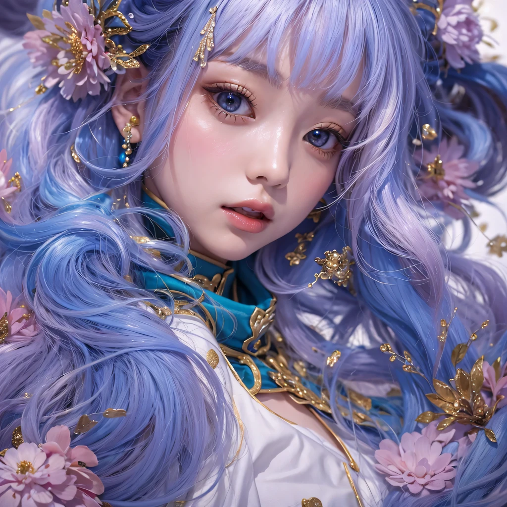 Yellow blue colors,enamel,agate,A flesh-colored world,Blood Blue Maiden 32k(masterpiece,HD,Aoyama Pond,超HD,32k)long flowing bright blue hair,blood pool,Ziddink, a color,grumpy (After greeting), (Linen scarf), fighting stance, looking at the ground, long white hair, Floating bright blue, Fire cloud gold headdress, Chinese long-sleeved gold silk burgundy garment, (Abstract metaverse splash:1.2), White background,Peony flower vitality protector(realistically:1.4),bright purple hair,Smoke on the road,The background is very pure, high resolution, detail, RAW photos, Sharp Re, Nikon D850 film photo by Jefferies Lee 4 Kodak Portra 400 camera F1.6 guns, colorful, Ultra-realistic and vivid textures, dramatic lighting, Unreal Engine Art Station Trend, Sinest 800,一个有着long flowing bright blue hair的女孩,huge colorful bubbles