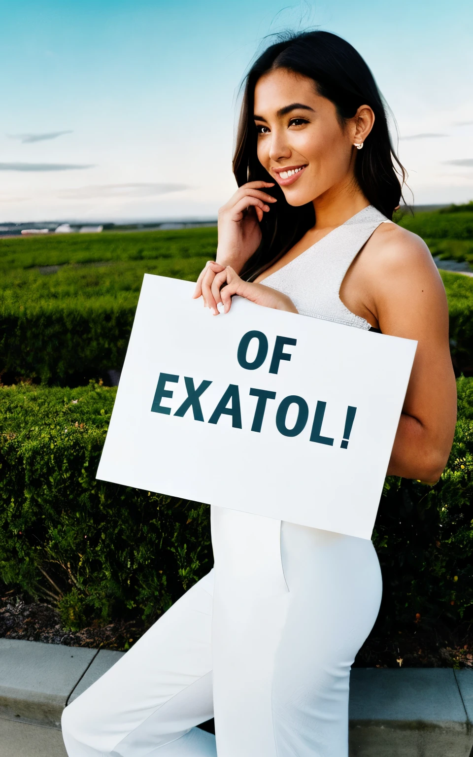 Generate an image featuring a beautiful and alluring woman holding an empty sign in her hand. The woman should exude confidence and grace, with a captivating smile on her face. Her attire should be stylish and modern, accentuating her elegance. The empty sign she is holding should be positioned prominently and ready to display any desired message. The background should complement the overall aesthetic, creating a visually appealing and engaging scene