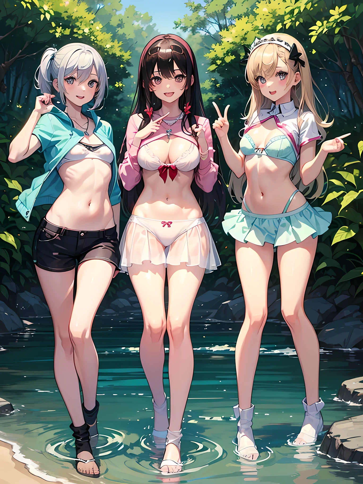 ((highest quality)), ((masterpiece)), (Cute baby girl), (3 girls:1.3), cute three girls are posing for a camera outdoors in the water, shirtをつかむ, stand side by side, (Close-up shot from the knee:1.3), perfect face, smile, (open your mouth and smile:1.3), embarrassed look, (precise fingers:1.3), hair band, head band, hair bobble, blouse, shirt, I can see your underwear, (pastel colored underwear), high resolution eyes, accurate eyes, (high resolution eyes:1.8), (High definition finger 1.8), light smile, small chest, chest, realistic, 4-year-old, 5 years old, 6 years old, 7 years old, knee socks, short skirt, Asian, Westerners, silver hair, brown hair, blonde, belly button, jewelry, looking at the viewer, necklace, water, , Wet, long hair, short hair, abs,