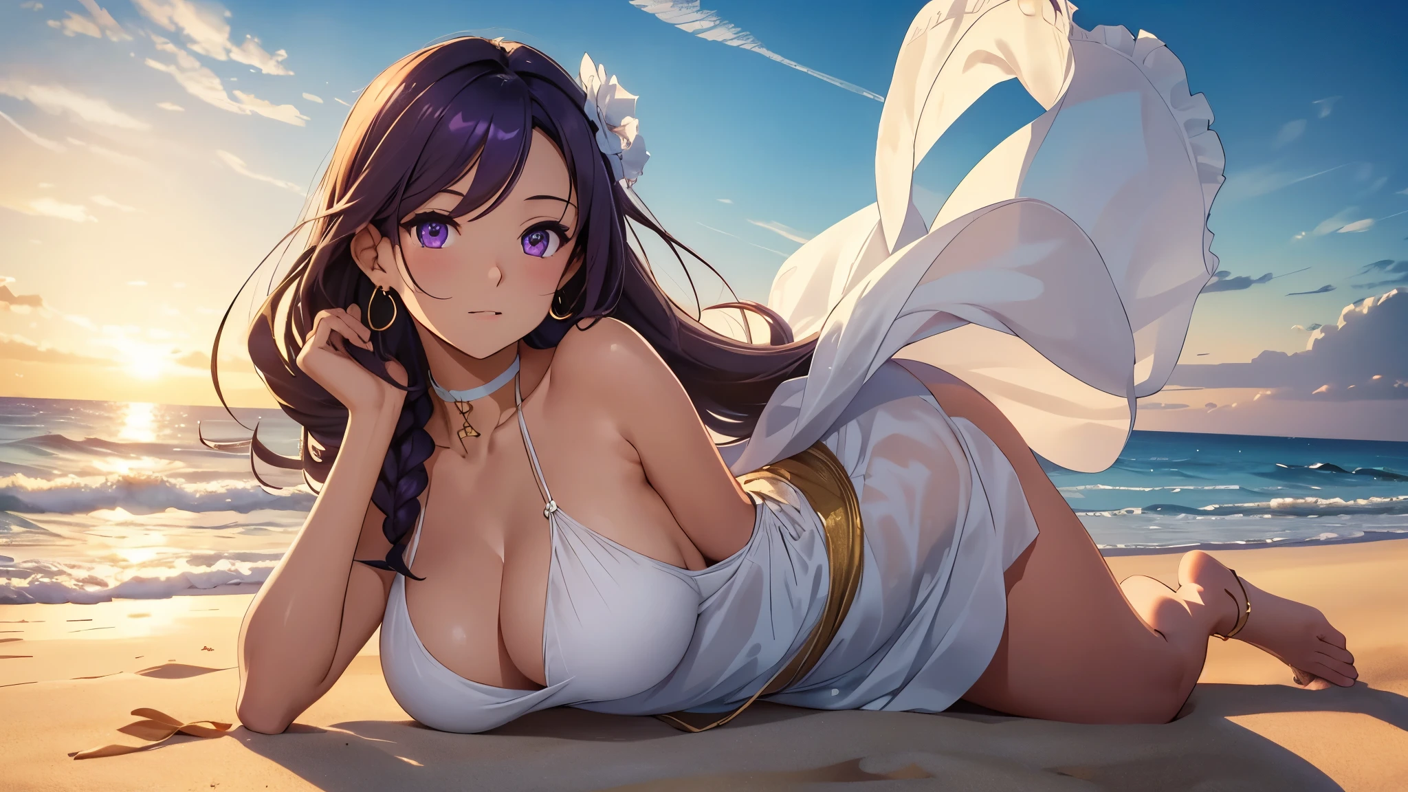 Create a high-resolution masterpiece of a beautiful girl, with a captivating expression and large, expressive purple eyes. she's wearing an elegant mxmkWhiteDress that exposes one bare shoulder, accentuating her toned arm. Her long, white braid flows down her back, and she accessorizes with a choker.

The scene takes place on a serene beach, where the warm sun casts a golden glow on the sand. The environment is filled with the vibrant colors of the sea and the sky, creating a breathtaking backdrop for the girl.

In an intimate moment of pleasure, she holds a dildo, her face a mix of concentration and satisfaction