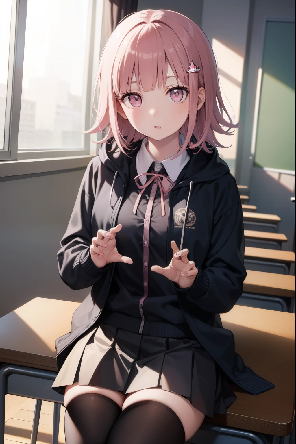 chiakinanami, chiaki nanami, blunt bangs, pink hair, hair ornament, medium hair, (pink eyes:1.5),
BREAK black shirt, black jacket, jacket, long sleeves, neck ribbon, open clothes, open jacket, over-kneehighs, pink ribbon, pleated skirt, ribbon, shirt, skirt, thighhighs, two-tone shirt, white shirt,
BREAK looking at viewer,
BREAK indoors, classroom,
BREAK (masterpiece:1.2), best quality, high resolution, unity 8k wallpaper, (illustration:0.8), (beautiful detailed eyes:1.6), extremely detailed face, perfect lighting, extremely detailed CG, (perfect hands, perfect anatomy),