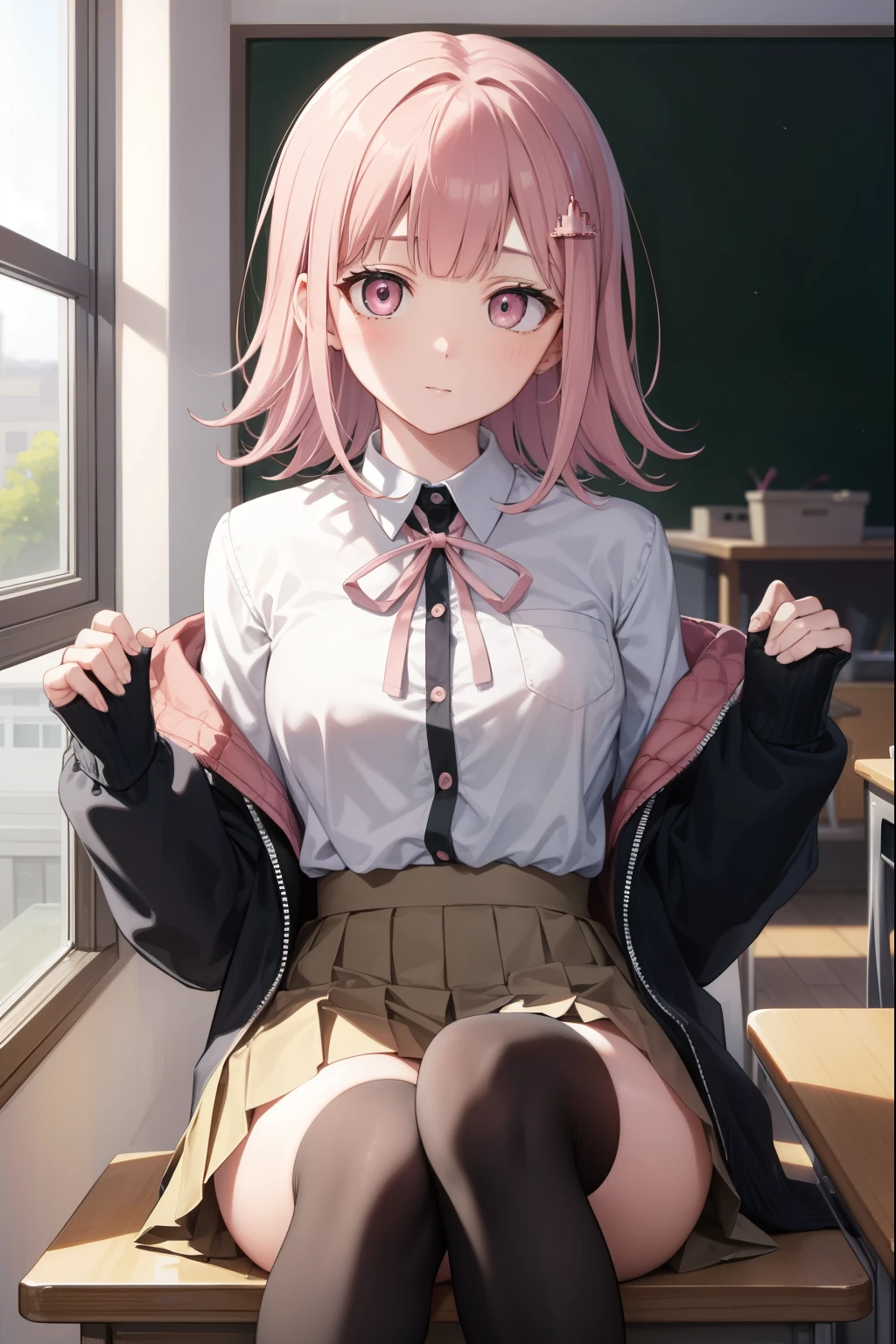 chiakinanami, chiaki nanami, blunt bangs, pink hair, hair ornament, medium hair, (pink eyes:1.5),
BREAK black shirt, black jacket, jacket, long sleeves, neck ribbon, open clothes, open jacket, over-kneehighs, pink ribbon, pleated skirt, ribbon, shirt, skirt, thighhighs, two-tone shirt, white shirt,
BREAK looking at viewer,
BREAK indoors, classroom,
BREAK (masterpiece:1.2), best quality, high resolution, unity 8k wallpaper, (illustration:0.8), (beautiful detailed eyes:1.6), extremely detailed face, perfect lighting, extremely detailed CG, (perfect hands, perfect anatomy),