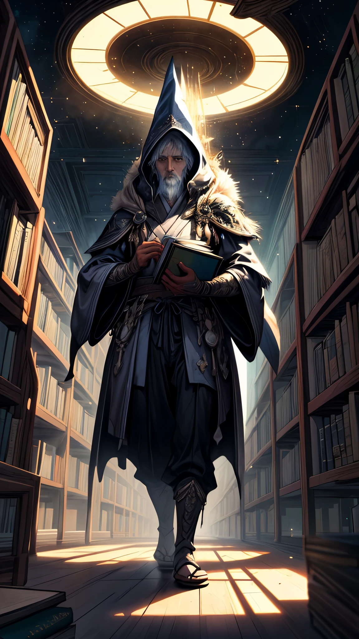 image of a wizard man standing in a magical library with books, endless books, borne space library artwork, books cave, fantasy book illustration, spiral shelves full of books, infinite celestial library, an eternal library, gothic epic library concept, magic library, japanese sci - fi books art, beeple and jean giraud, books all over the place, high detail, glowing light, sparkle, masterpiece, ccurate, anatomically correct, super detail, high quality, award winning, highres, 4K, 8k