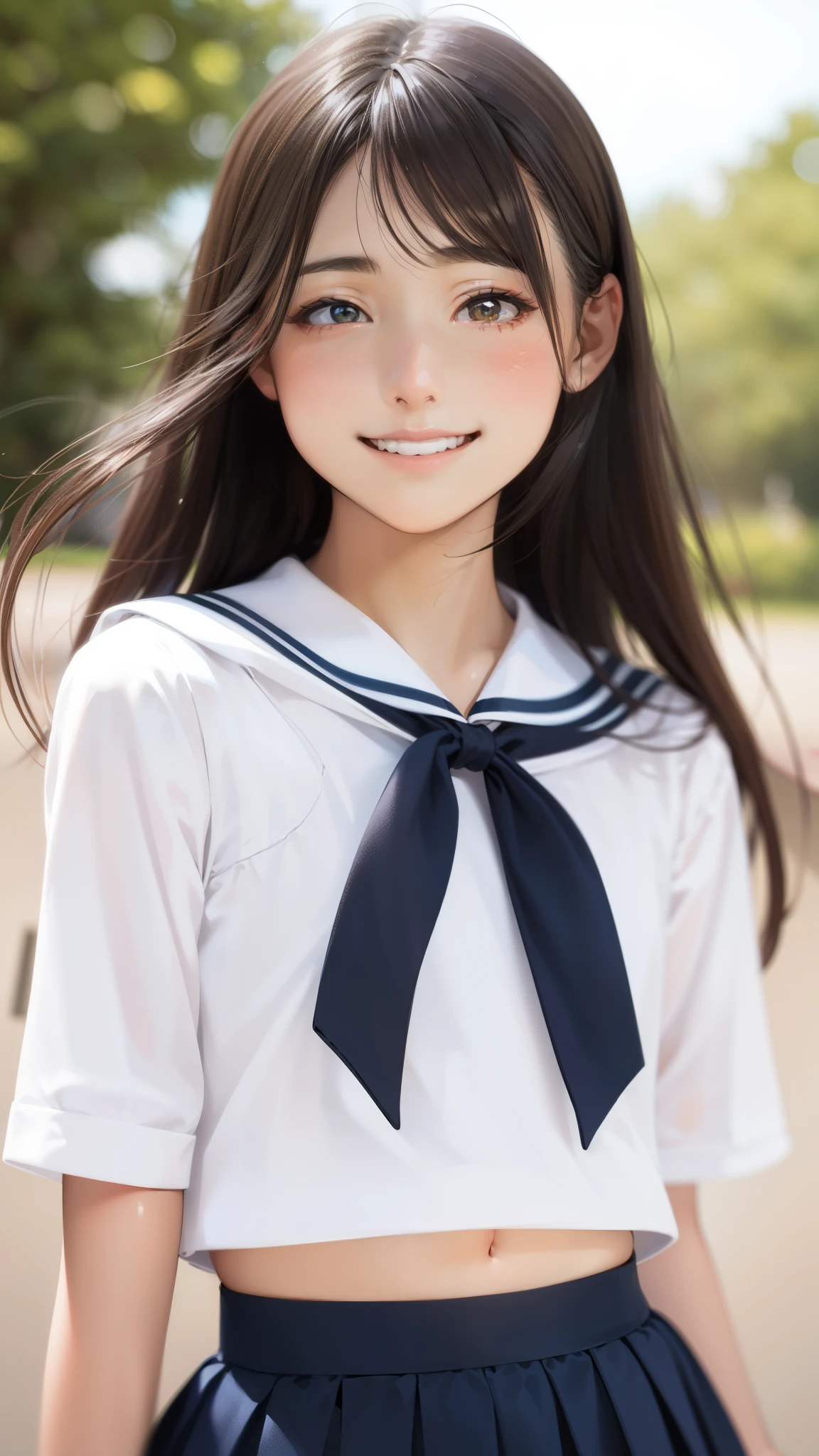 left hand behind hair、beautiful hair、middle School girls、very cute face、medium long hair、white sailor color、Blitzskirt、(baby face)、(light pink lips、small lips、smile、