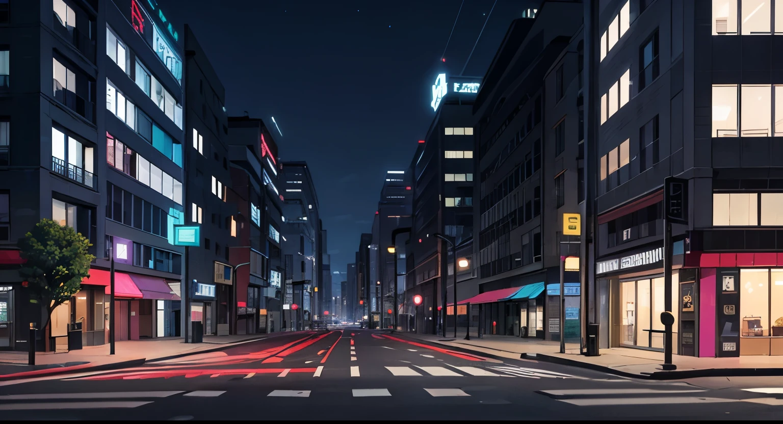 a sequence of buildings, cuberpunk style, a road, side view, no cars, lights