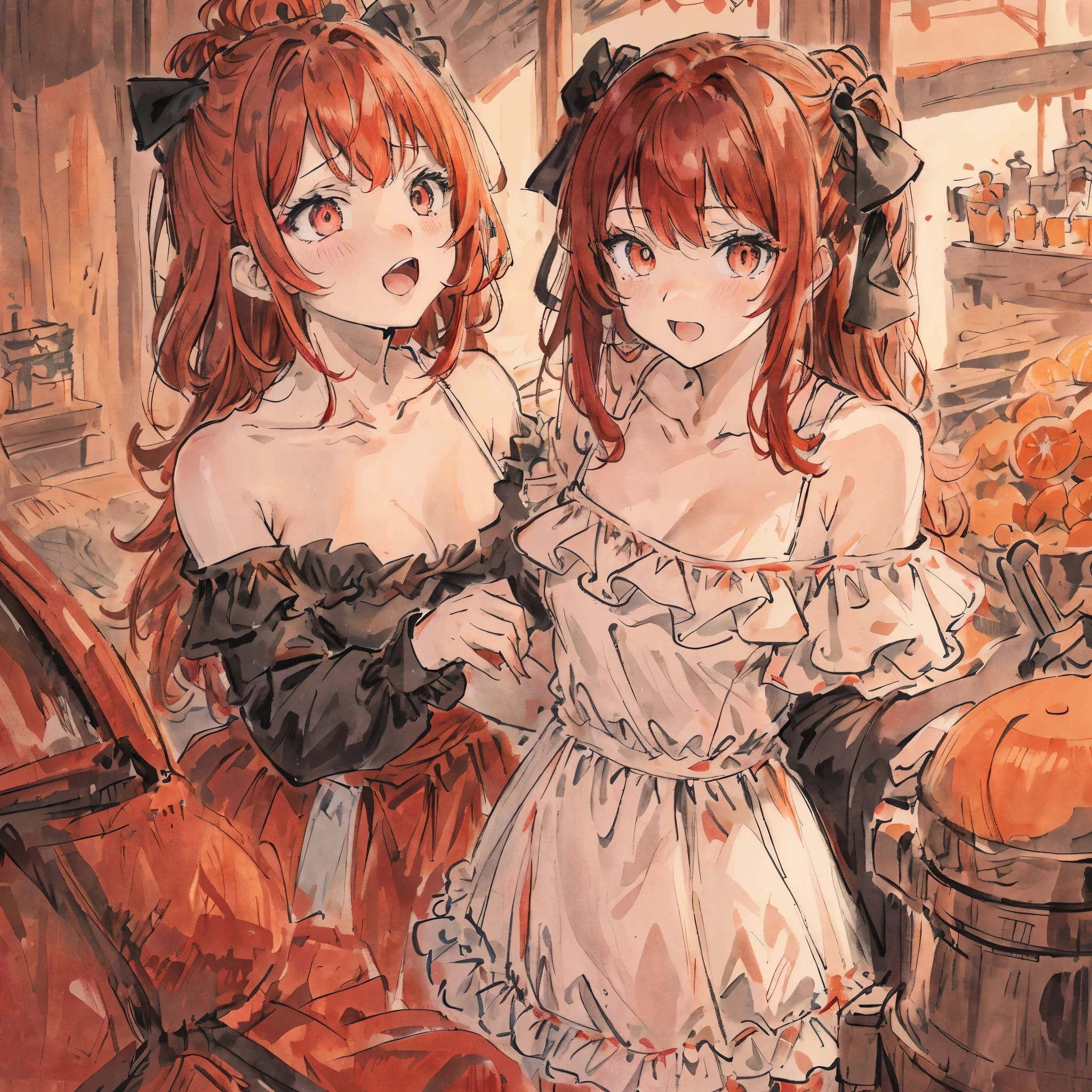 red hair, orange eyes, WeriArt Style, 1girl, upper body, highly detailed eyes, collarbone, frilled dress, hood, ancient Greek costume