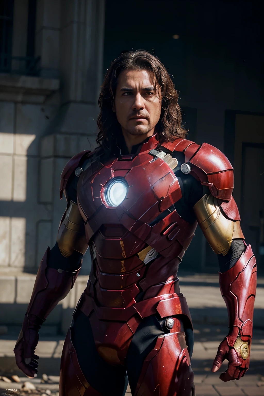 Digital comic book illustration by Clayton Crain, a 50 years old man super hero wielding elemental powers, medium-length curly hair, brown eyes, arms outstretched, in a Iron Man's costume that reflects his abilities, standing, strong contrasts, from a front angle, in a dynamic action scene, visually striking, immersive atmosphere, skin pore visible, (Very detailed RAW photo), (Extremely detailed skin, photorealistic, heavy shadow, dramatic and cinematographic lighting, Main light, Fill light), sharp focus, cinematographic, imperfect skin, Tissues, Textures, detailed face, detailed skin, detailed fingers, NaturalHand2-3500, analog film photo Deep photo, depth of field, Ferrania P30 Film, shadow, perfect face and body, low light, flash camera, washed-out film, desaturated, 35mm photo, grainy