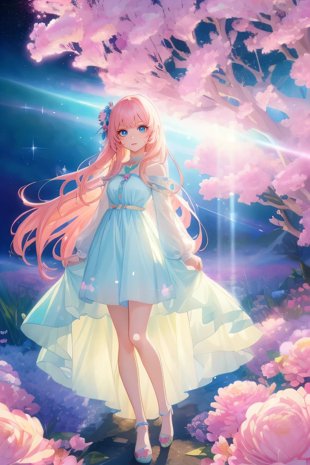 (high quality, 8K), (soft light:1.7), (transparent), landscape, detailed face, fine eyes, beautiful anime girl, beautiful anime portrait, beautiful anime artwork, digital anime art, pixiv digital art, beautiful anime woman, Nightcore, beautiful anime art,, sparkling eyes, eyes looking down, Simple casual dresses, bubble, flowers, shine, whole body
