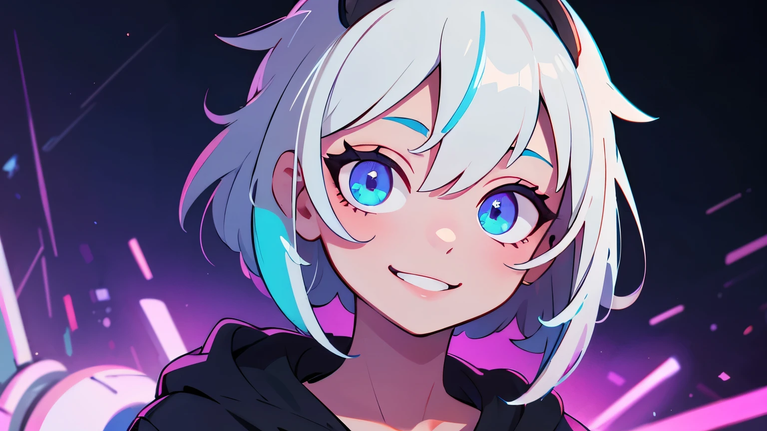 ((best quality)), ((masterpiece)), (detailed), perfect face, detailed background, masterpiece, best quality, smile, ornament, hoodie, portrait, blue neon, graffiti, dark, night, glowing eyes, blacklight
