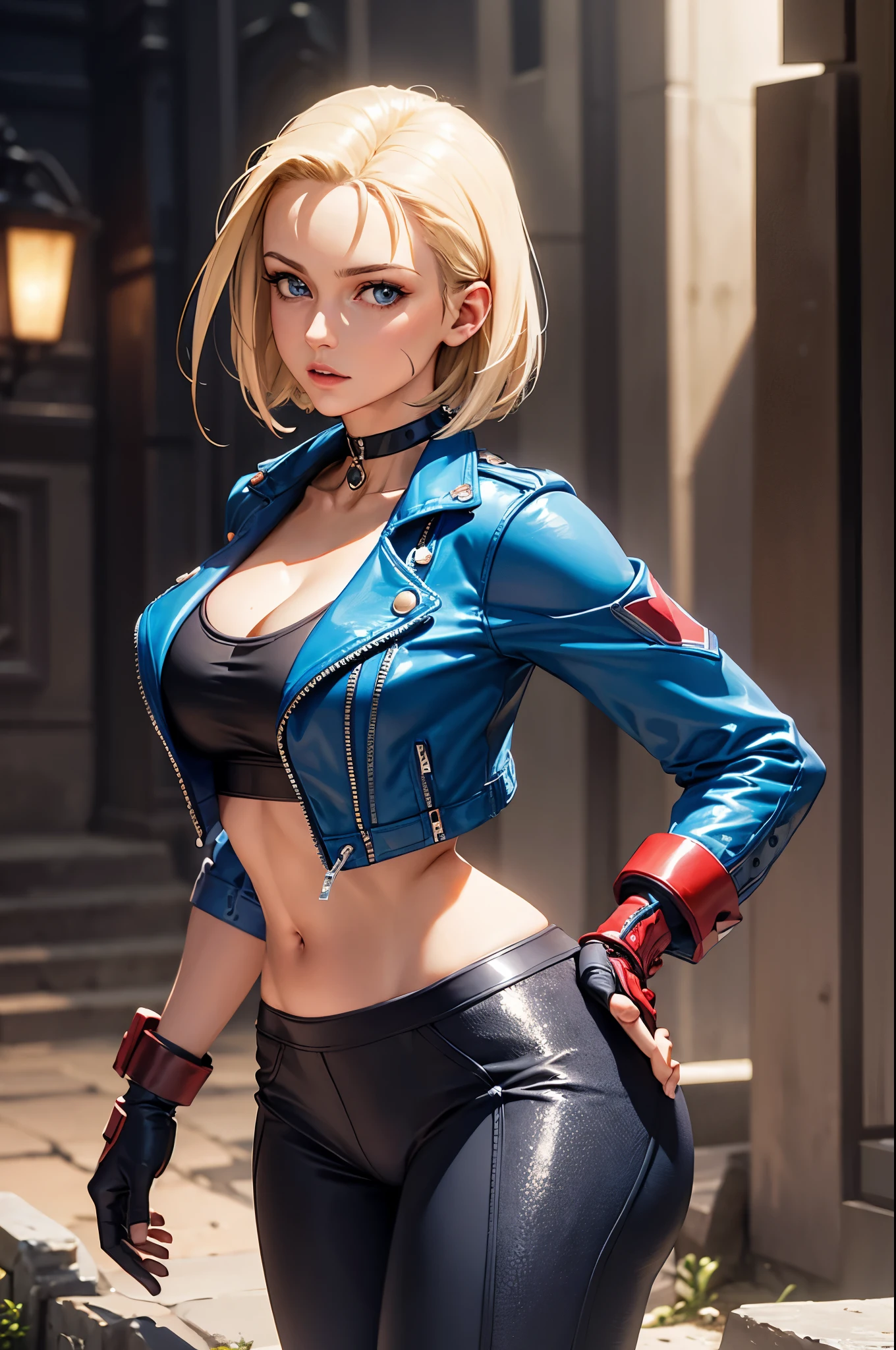 (masterpiece), best quality, expressive eyes, perfect face, highres, 1girl, solo, (mature:1.5), adult, cammy white, short hair, antenna hair, blue eyes, scar on cheek, large breasts, black choker, collarbone, blue jacket, cropped jacket, open jacket, sports bra, midriff, fingerless gloves, black gloves, black pants, hands to hips, slight smiles, fantastic, magical background, standing, cowboy shot, looking at the viewer,