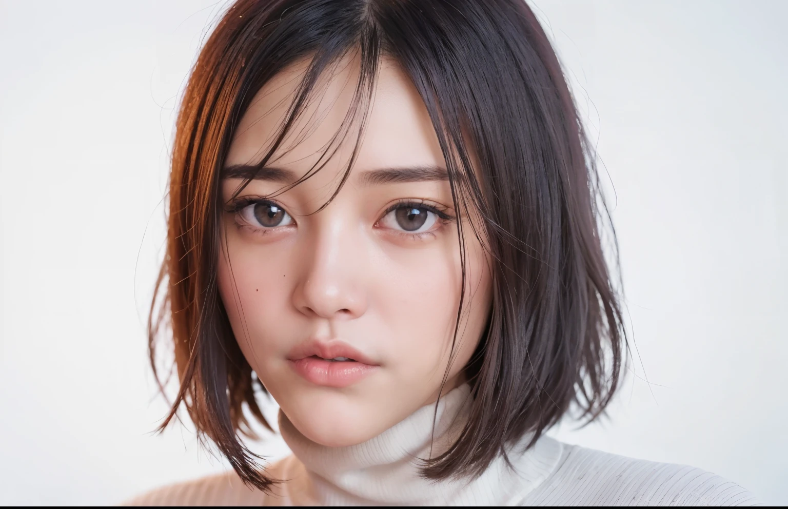 1 girl,beautiful vintage colors, Instagram (photorealistic, High resolution:1.4), ((puffy eyes)), looking at the viewer, , whole body (8K, RAW photo, highest quality, masterpiece:1.2), (realistic, photo-realistic:1.37),(sharp focus:1.2), professional lighting, photon mapping, radio city, Physically based rendering, (white skin:1.2),,(small breasts:1.2),, looking at the viewer, (middle hair:1.2), portrait, purple eyes, (sliver hair:1.2),bangs, (simple background:1.4), alone, Upper body, white background,realistic,(masterpiece:1.4),(highest quality:1.4),(shiny skin),robber girl,compensate,(closed mouth:1.4),(skinny,,shy, :1.3),(white turtleneck sweater:1.2), Ulchan-6500-v1.1, Pueros face_v1,