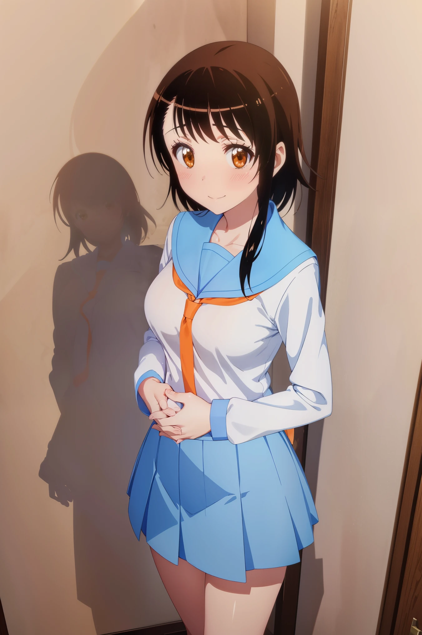 (Highly detailed CG Unity 8K wallpaper), (masterpiece), (highest quality), (super detailed), (best illustrations), (best shadow), (disorganized), 1 girl, alone, onodera kosaki, long sleeve school uniform, serafuku, orange necktie, light blue skirt, looking at the viewer, smile, blush, open clothes, (Hold your hands in front of your chest:1.3)