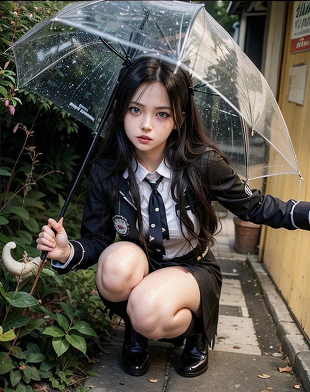 hay una mujer arrodillada con un paraguas en la mano, Anime Girl Cosplay, Anime de cosplay, as wednesday addams, cosplayer, cosplay profesional, chica vestida de uniforme, Kawaii rainy gloomy, una colegiala hiperrealista, sakimichan frank franzzeta, cosplay, wednesday addams, vestido como , chiaki nanami de danganronpa